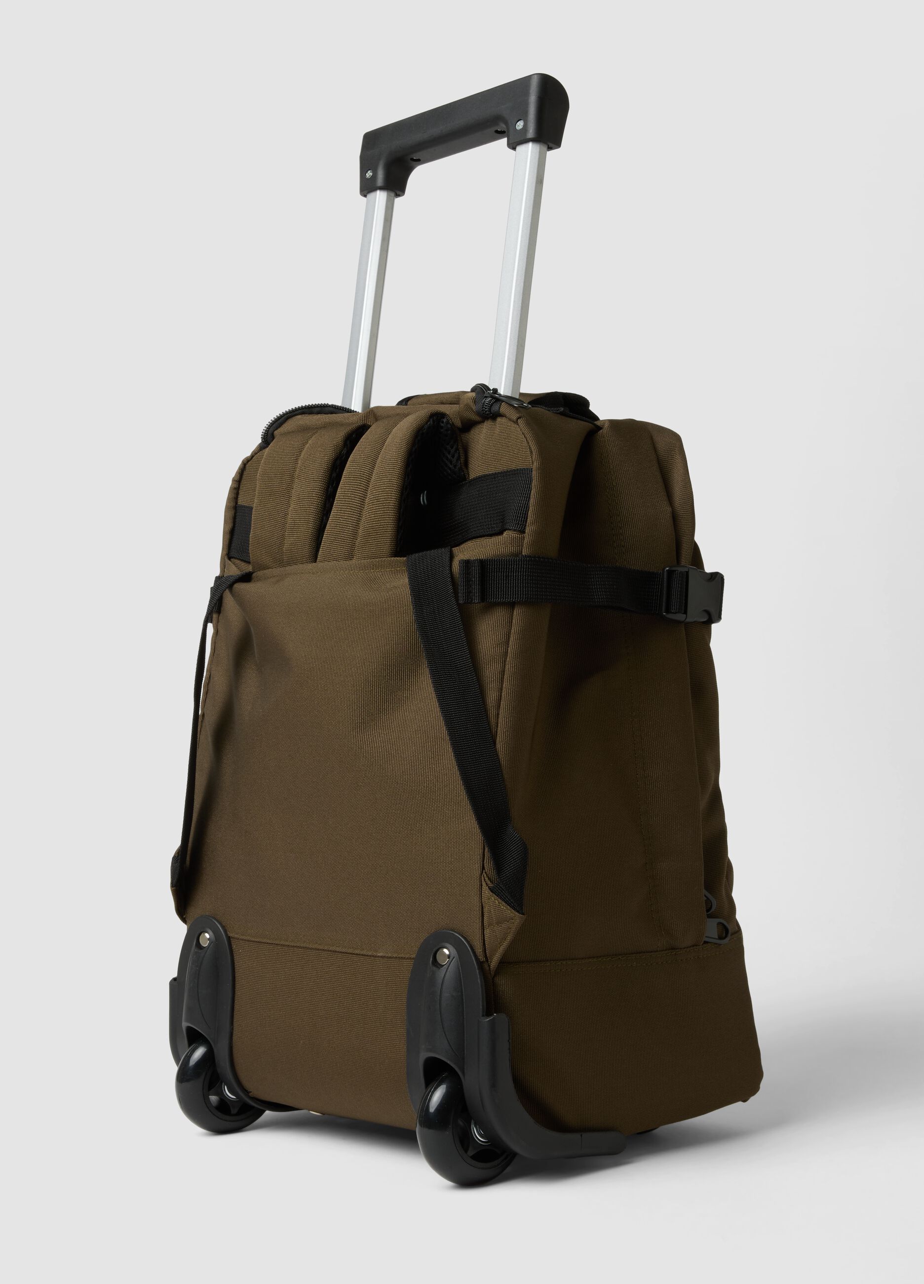 Brown trolley bag with shoulder straps and telescopic handle