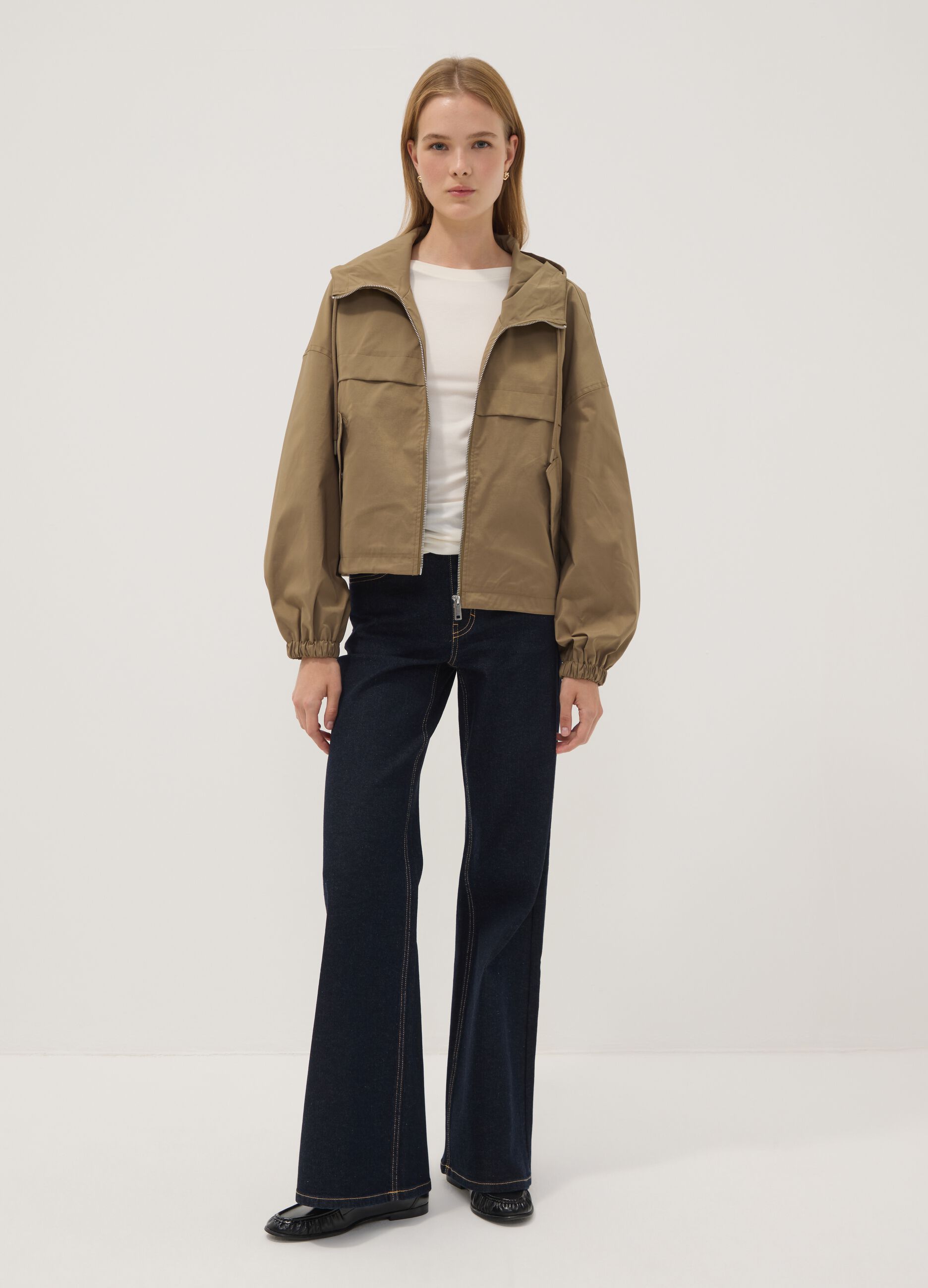 Beige hooded jacket with zip