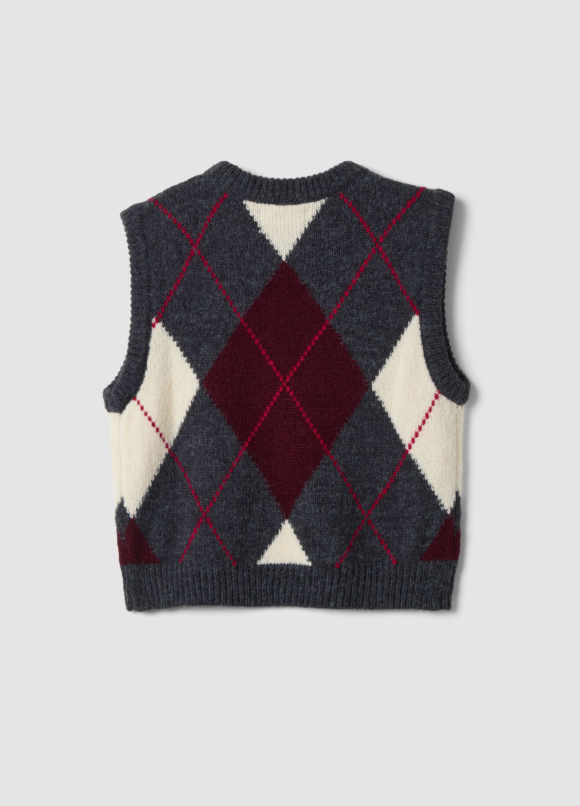 Grey jacquard wool-blend crew-neck gilet, regular fit