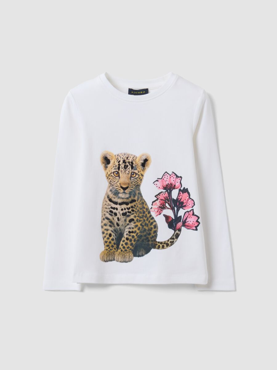 White stretch cotton T-shirt with leopard print for girls_3
