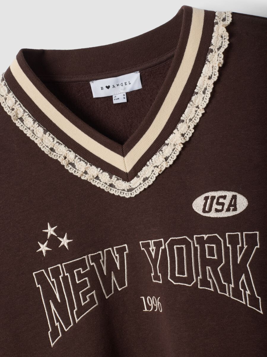 Brown cotton-blend sweatshirt with V-neck and lace detailing_1