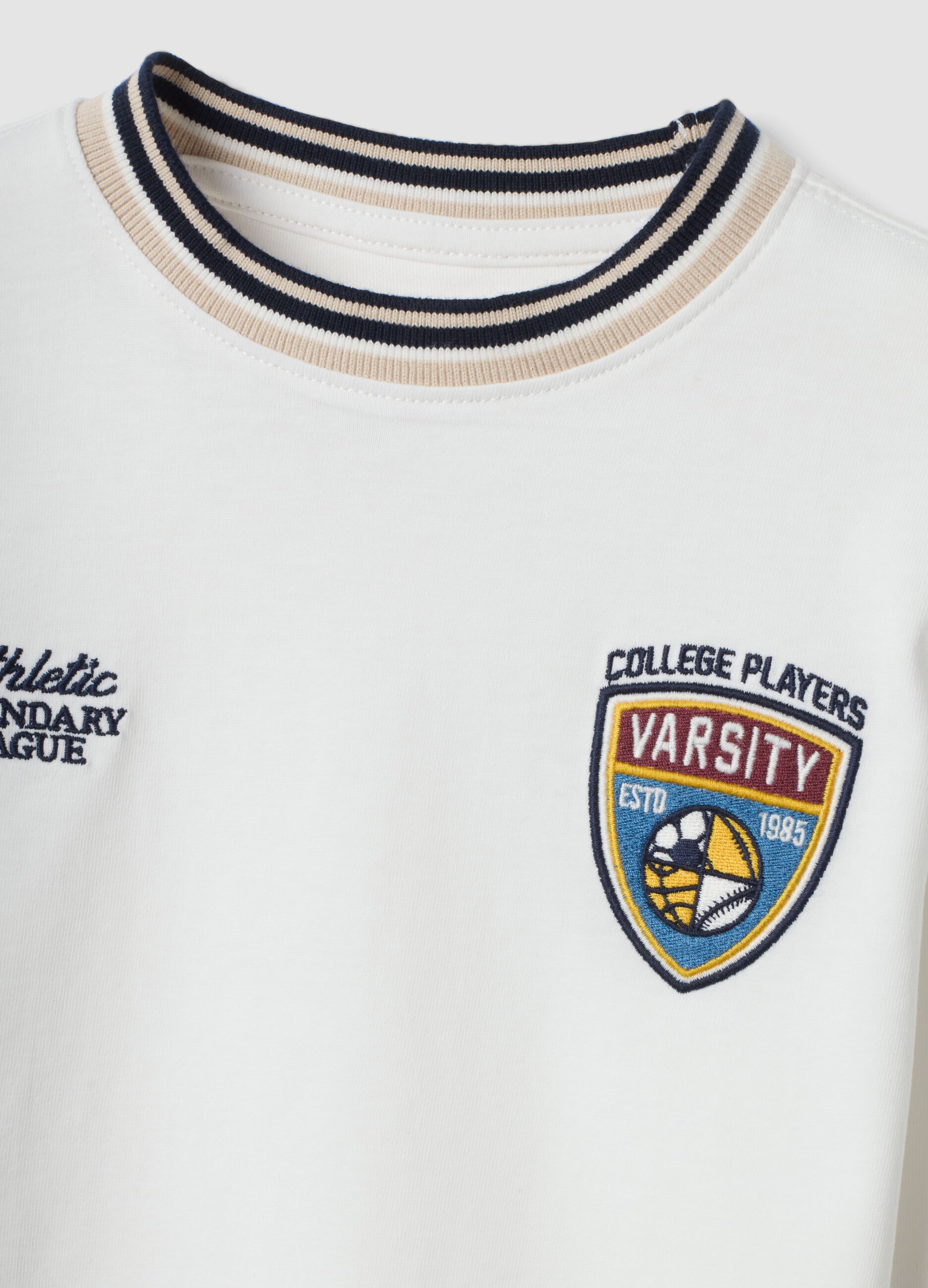 White pure cotton T-shirt with striped crew neck