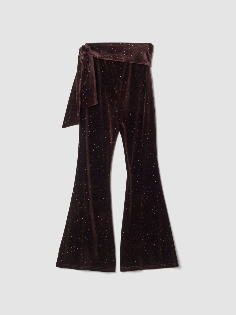 Brown stretch velour flared trousers with waist tie_1