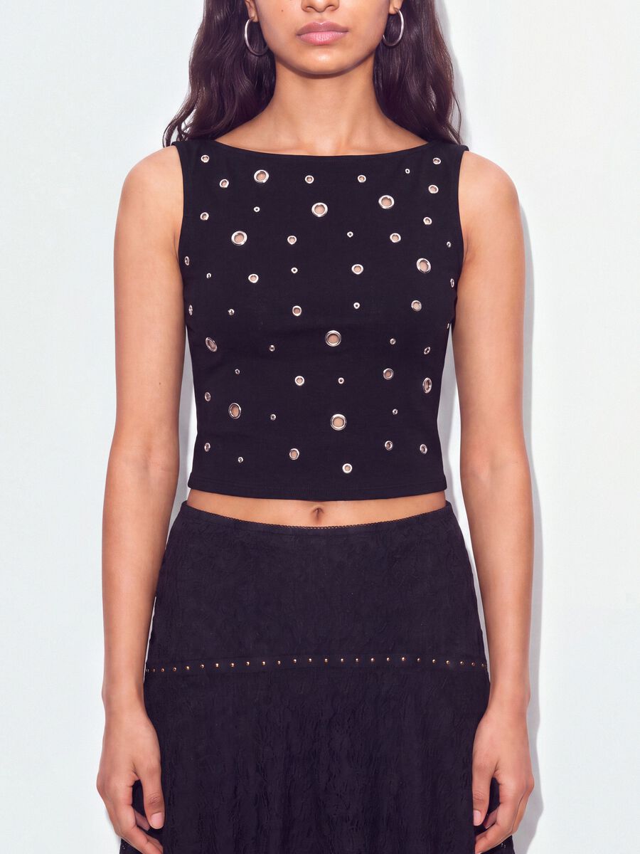 Black stretch cotton top with metal eyelets, regular fit_3
