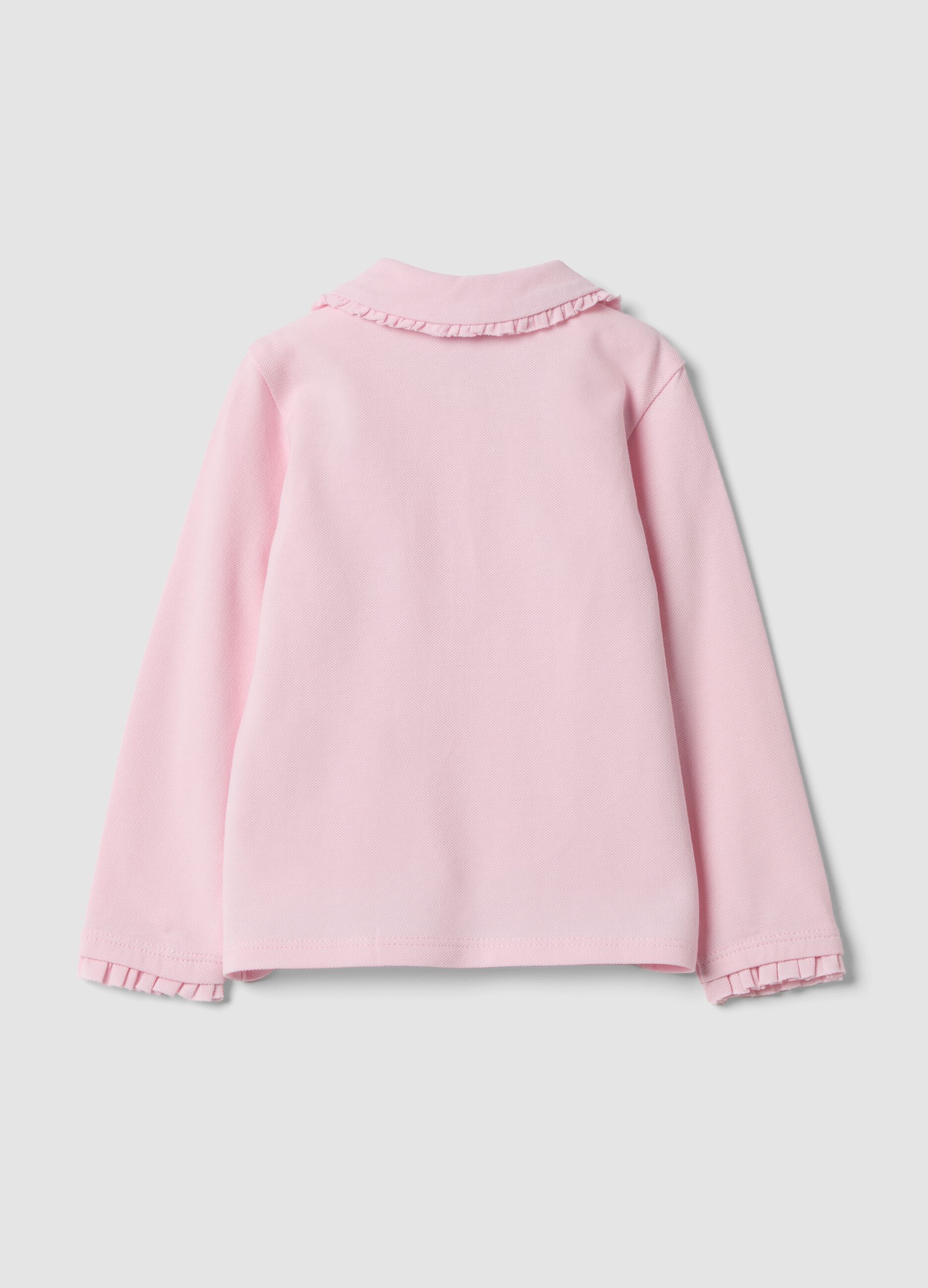 Pink long-sleeve organic cotton polo shirt, regular fit, for baby girl