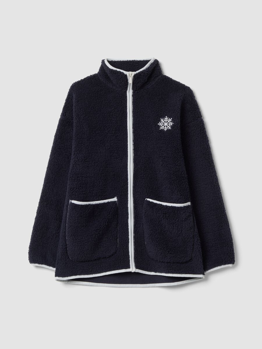Blue sherpa zip-up dressing gown with two pockets_0