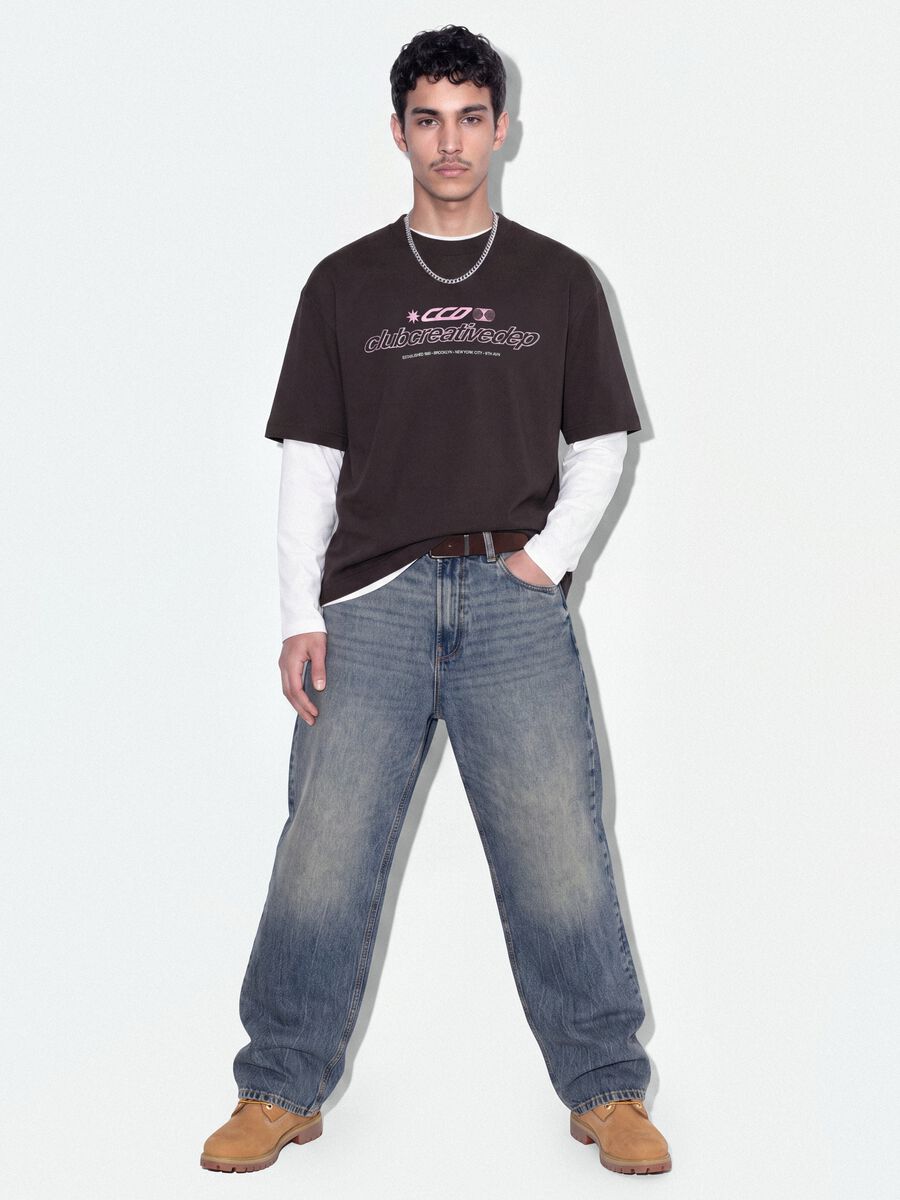 Brown cropped pure cotton T-shirt with front print, boxy fit_1