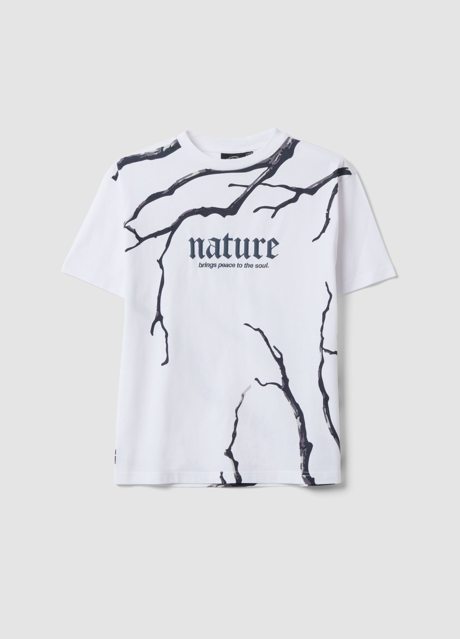 White pure cotton T-shirt with &ldquo;Nature&rdquo; print for boys