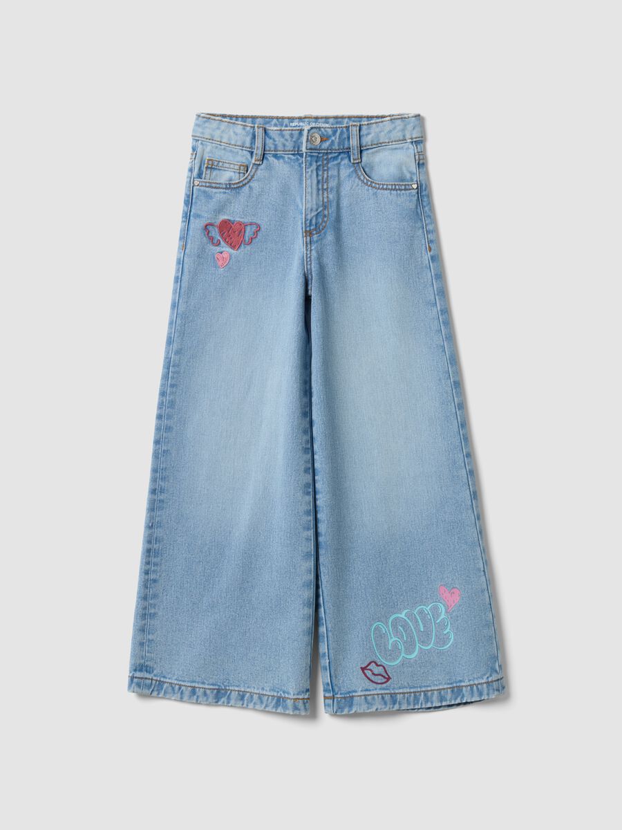 Girls&rsquo; pure cotton wide-leg denim jeans with embroidery_0