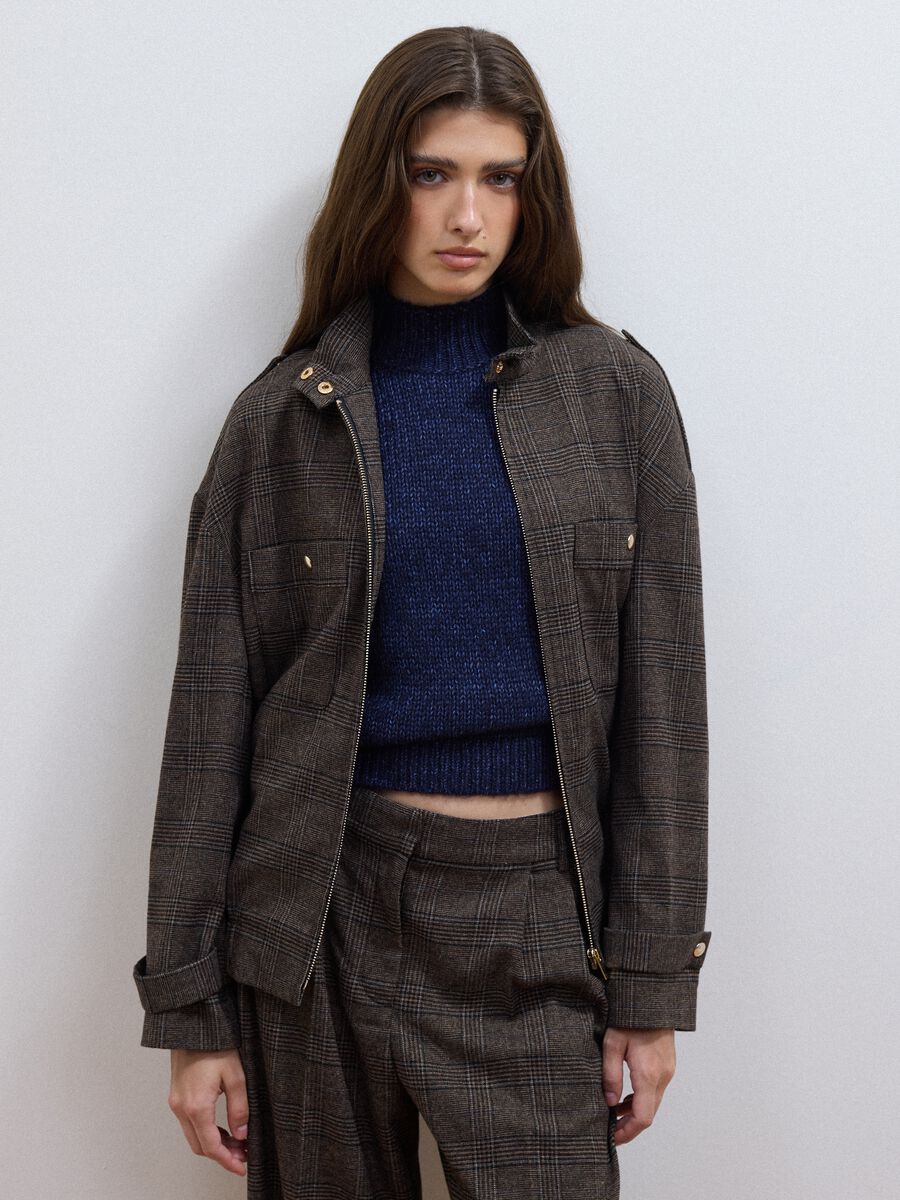 Brown checked stretch viscose shacket with oversized fit_0