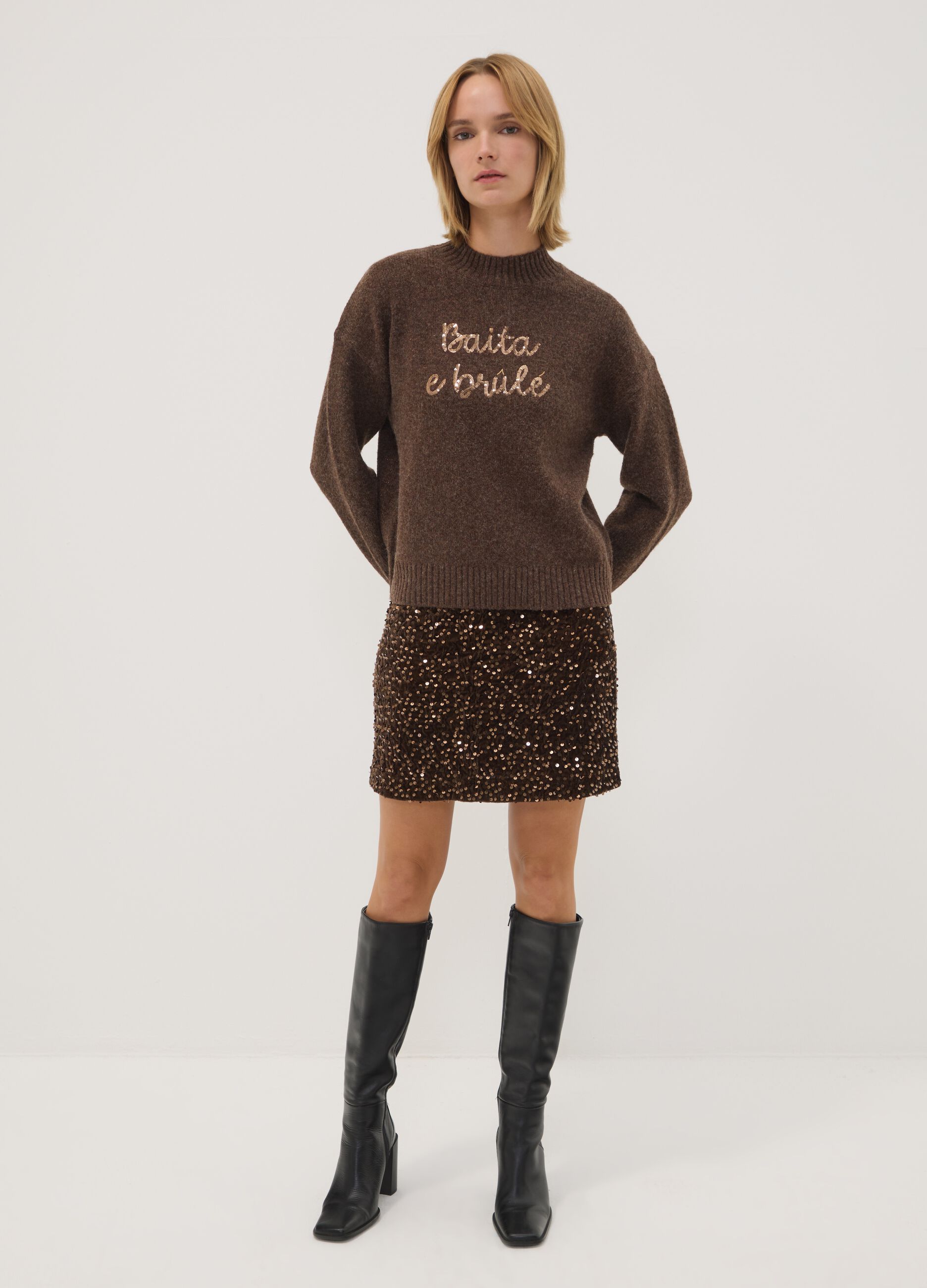 Brown wool-blend jumper with high neck, oversized fit
