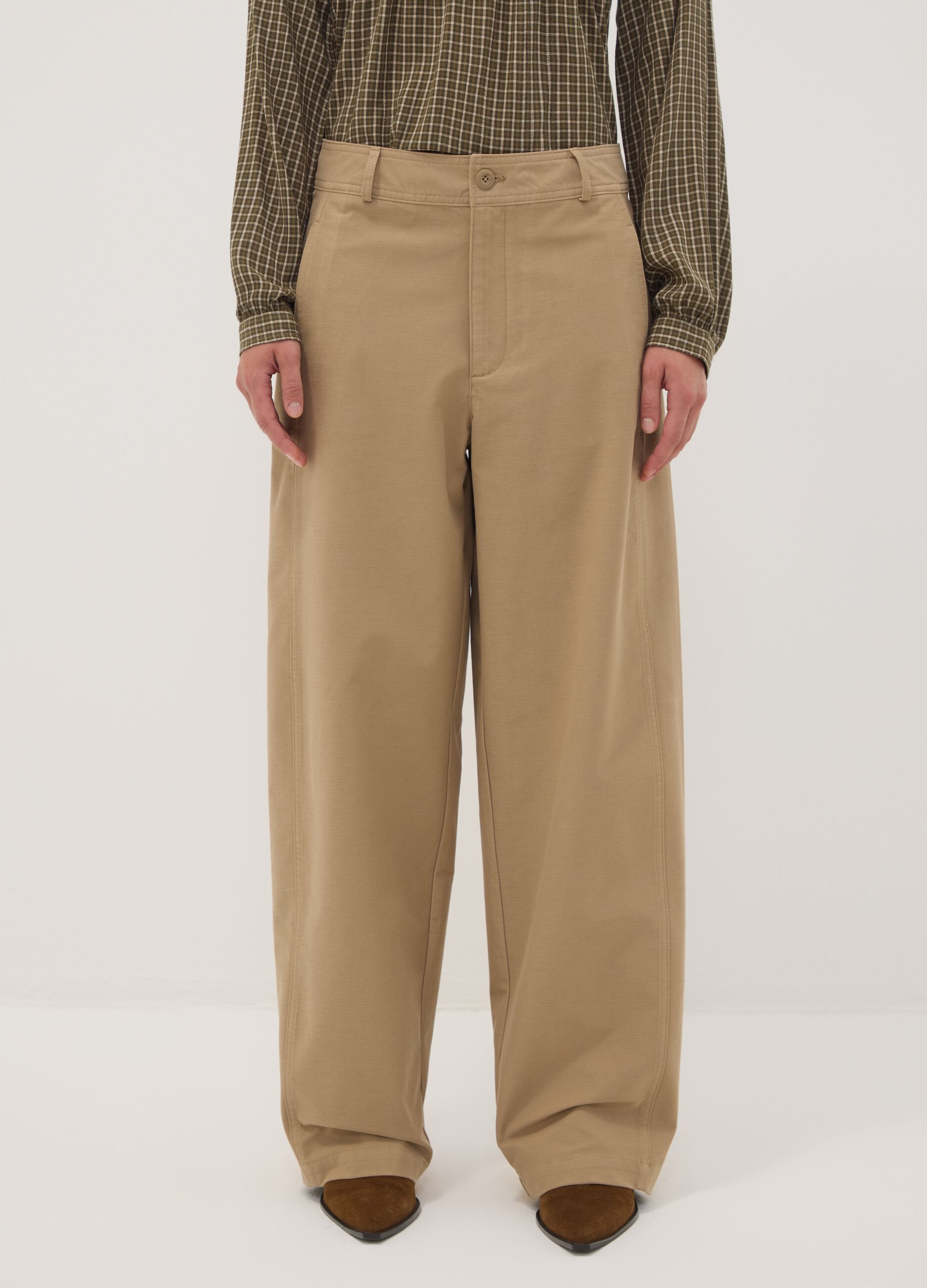 The Iconic Pants beige stretch cotton-blend barrel-fit trousers