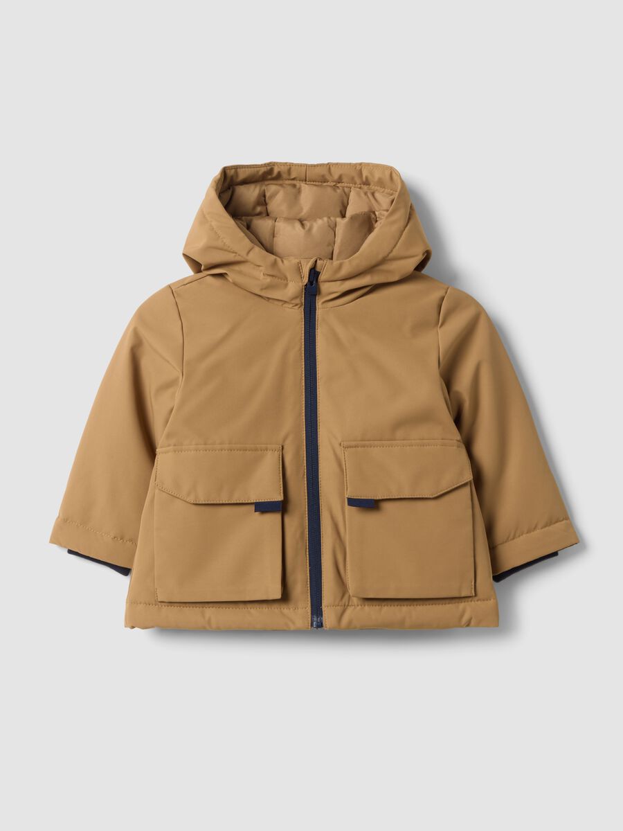 Brown padded hooded zip-up jacket for boys_0
