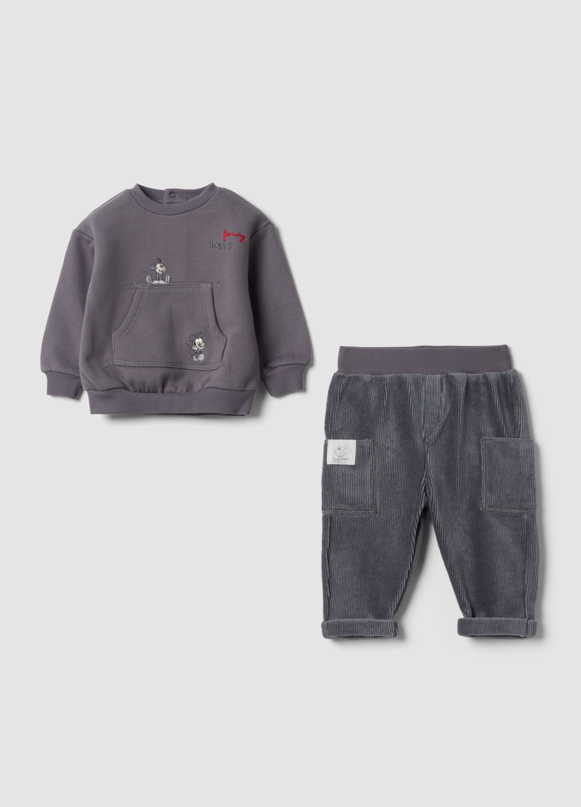 Grey ribbed organic cotton set with Mickey embroidery