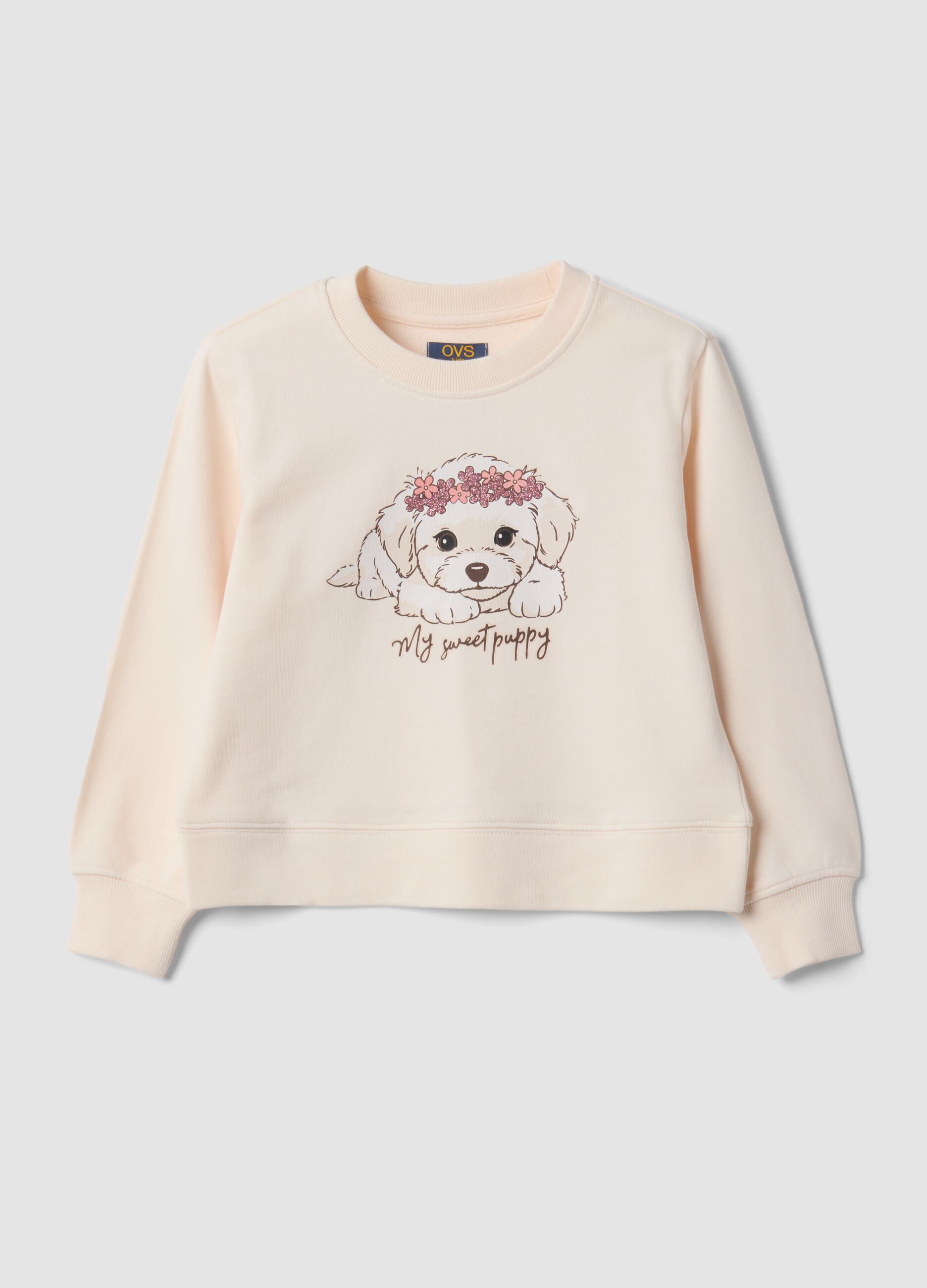Beige pure cotton sweatshirt with crew neck and puppy print