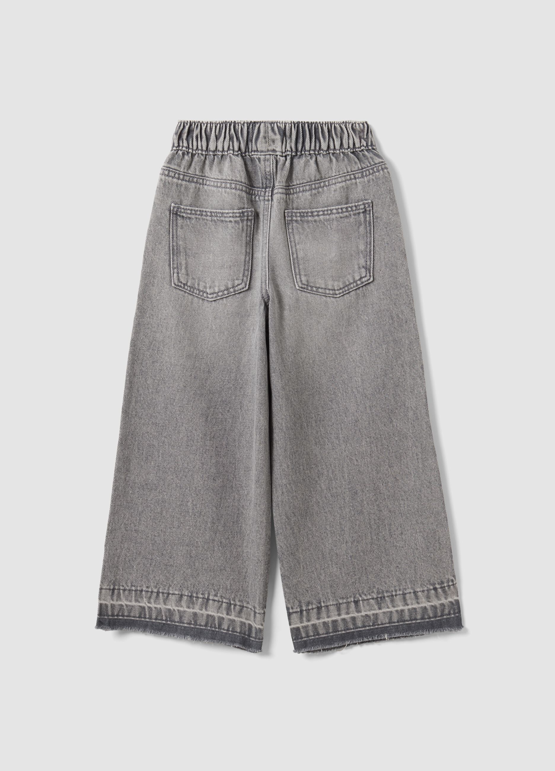 Girls' Grey Wide-Leg Pure Cotton Jeans with Elasticated Waist