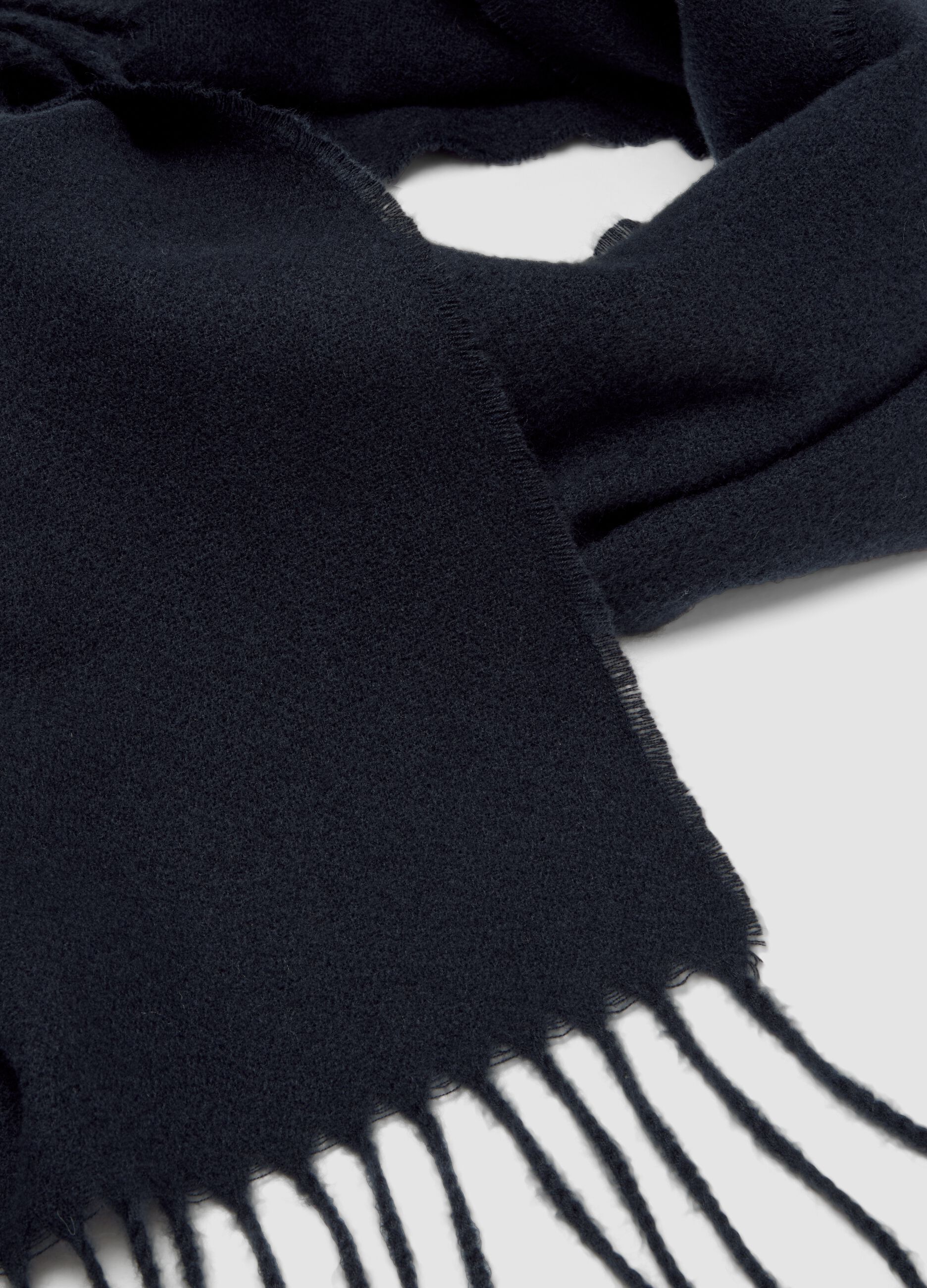 Blue viscose-blend scarf with fringes