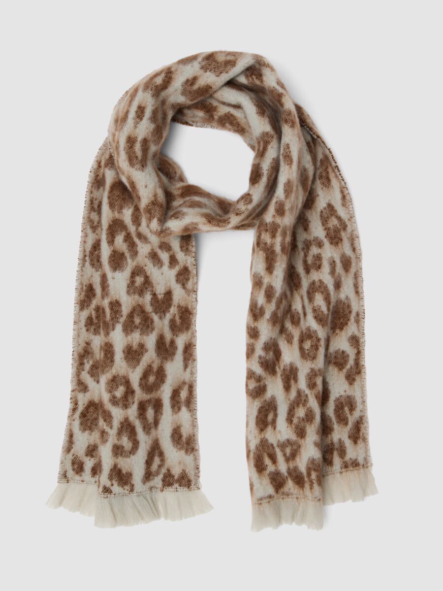 Ivory and light brown animal-print scarf with fringes_0