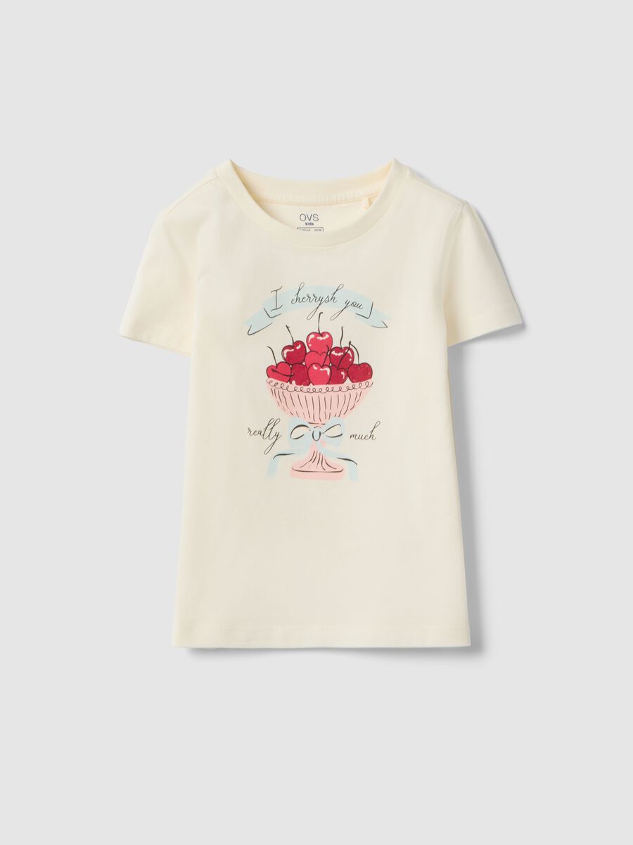 Beige regular fit pure cotton t-shirt with print for girls_0