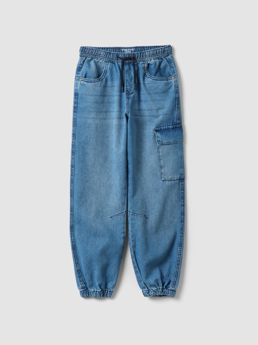 Light blue 100% cotton jogger denim with elasticated waist, relaxed fit_0