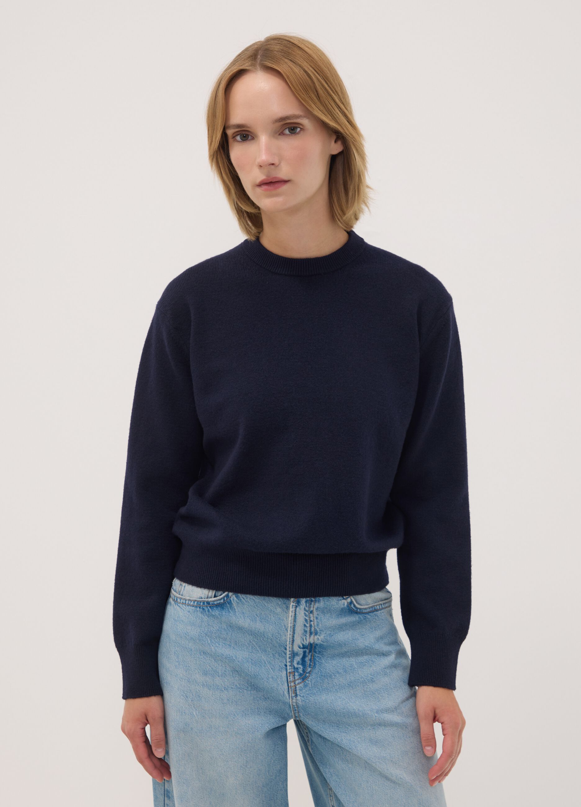 Blue crew-neck jumper in stretch wool