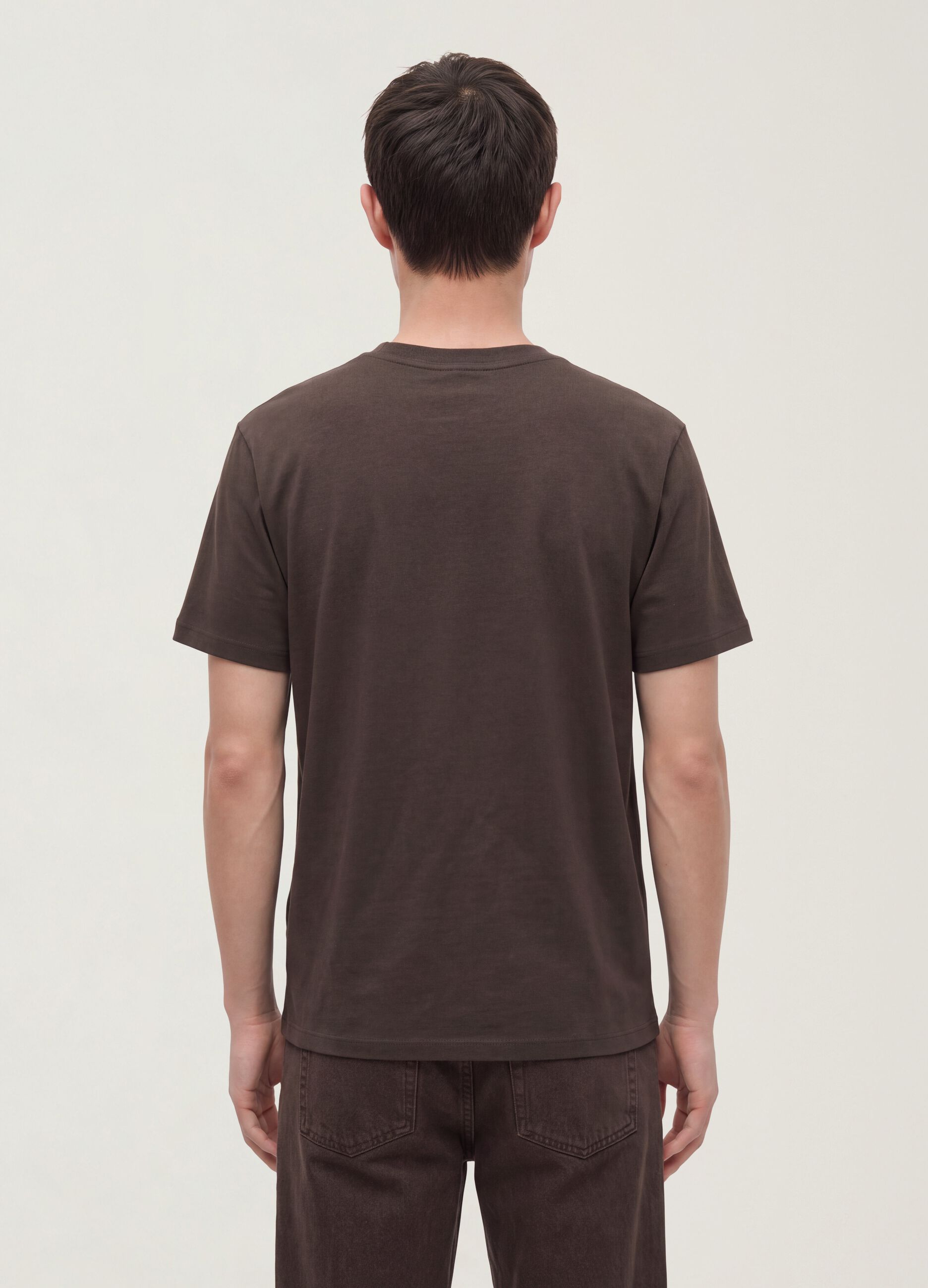 Brown mercerised pure cotton regular-fit crew-neck T-shirt