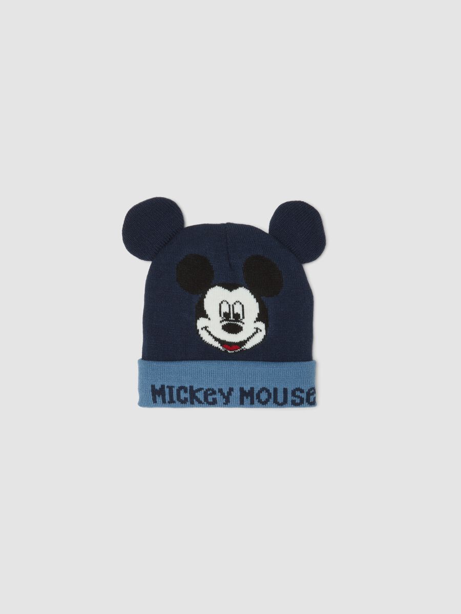 Navy blue beanie with turn-up, appliqu&eacute; ears and Mickey print_0