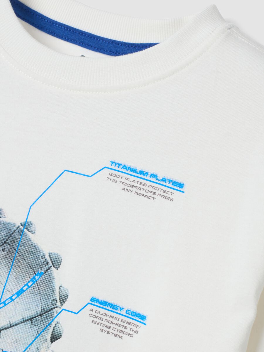 White crew-neck T-shirt in pure organic cotton with dinosaur print_2