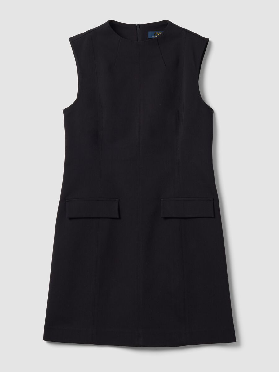 Black sleeveless fitted dress in stretch cotton with crew neck_4