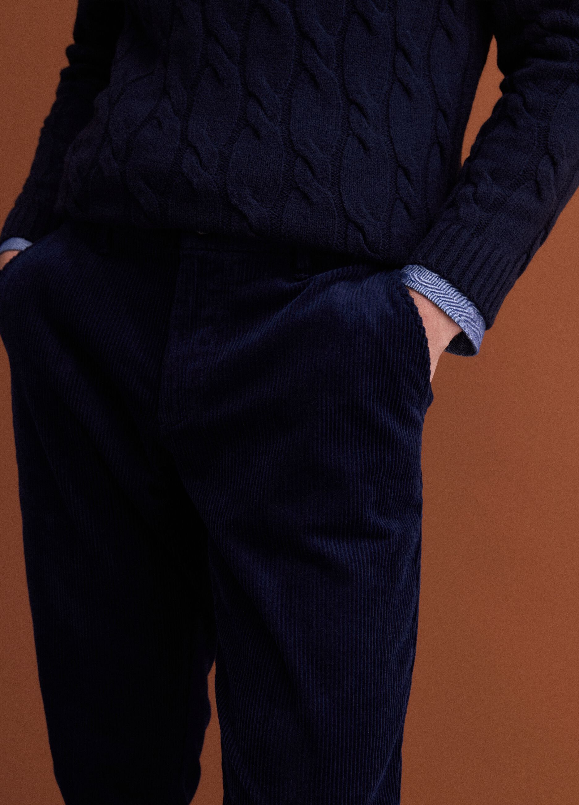 Navy stretch cotton corduroy regular-fit chino trousers
