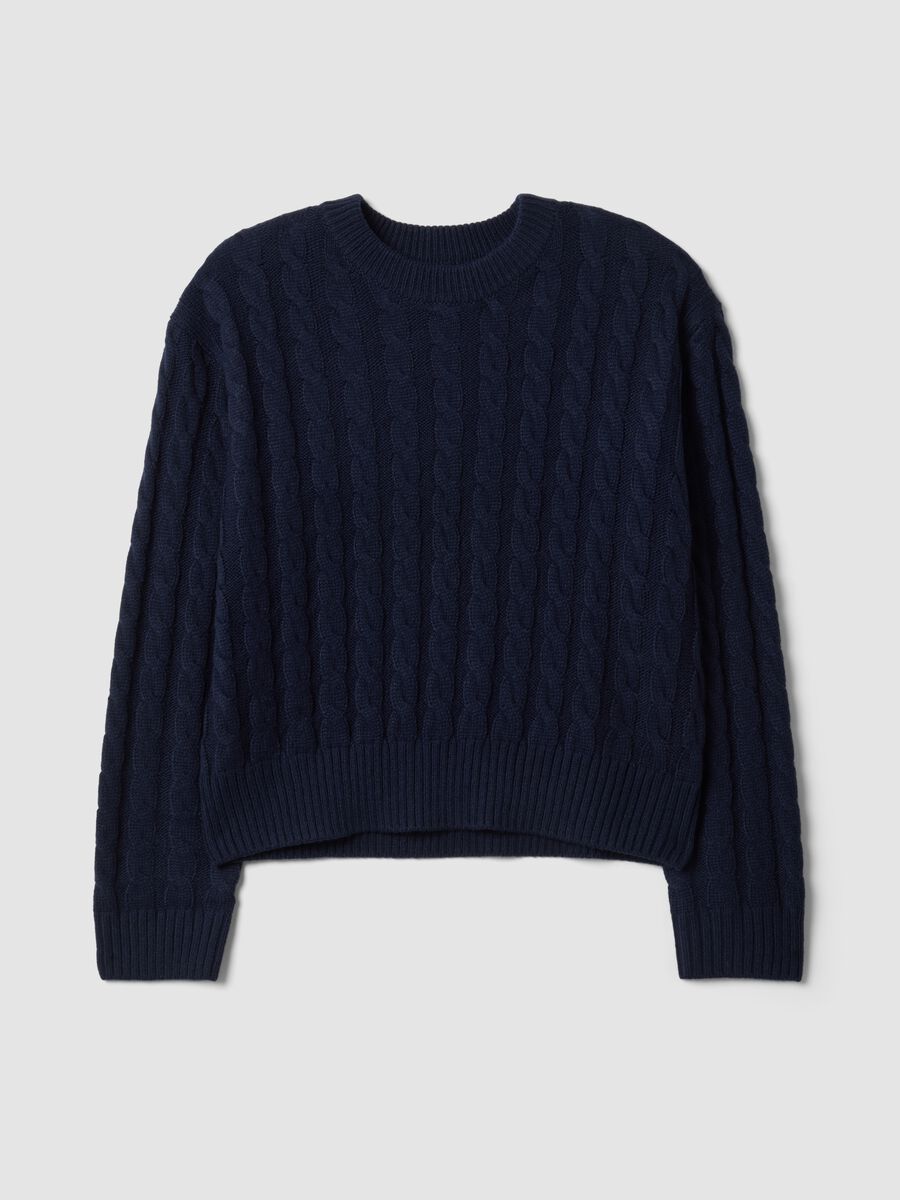 Maglia blu in misto lana a trecce con girocollo over fit_0