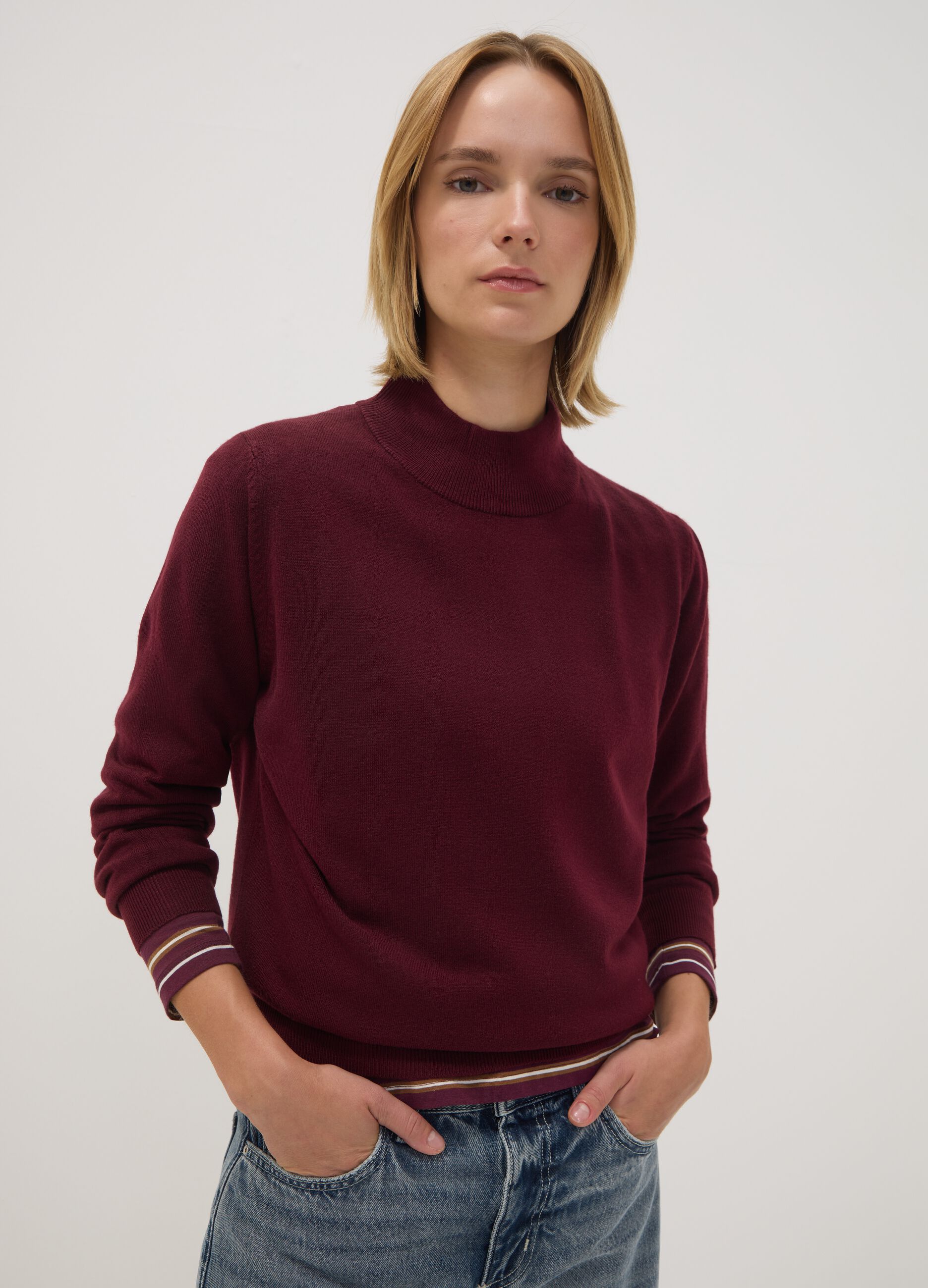Purple long-sleeved top with high neck, regular fit