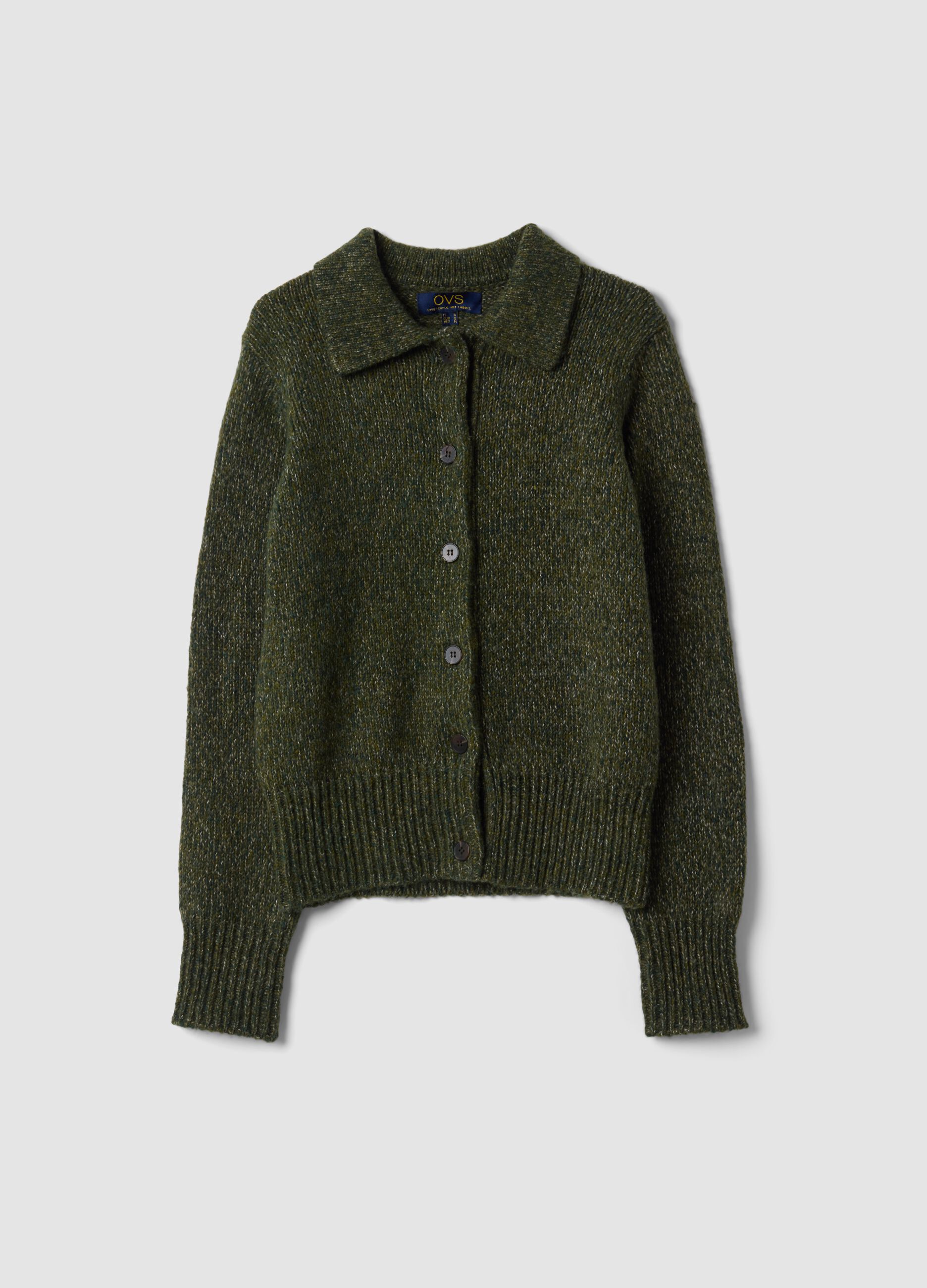 Cardigan verde in misto lana con colletto polo