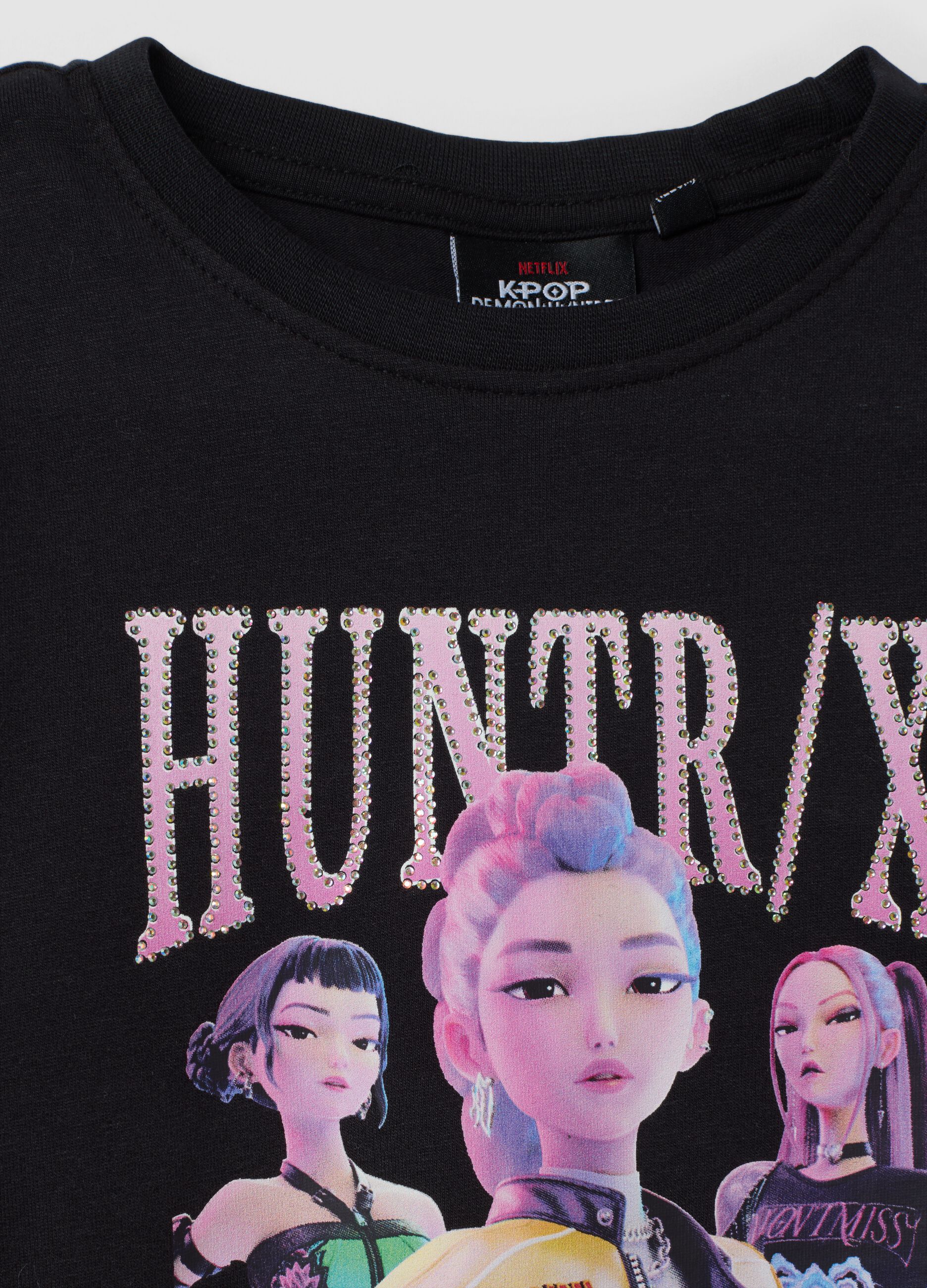 Black stretch cotton T-shirt with K-Pop Demon Hunters print