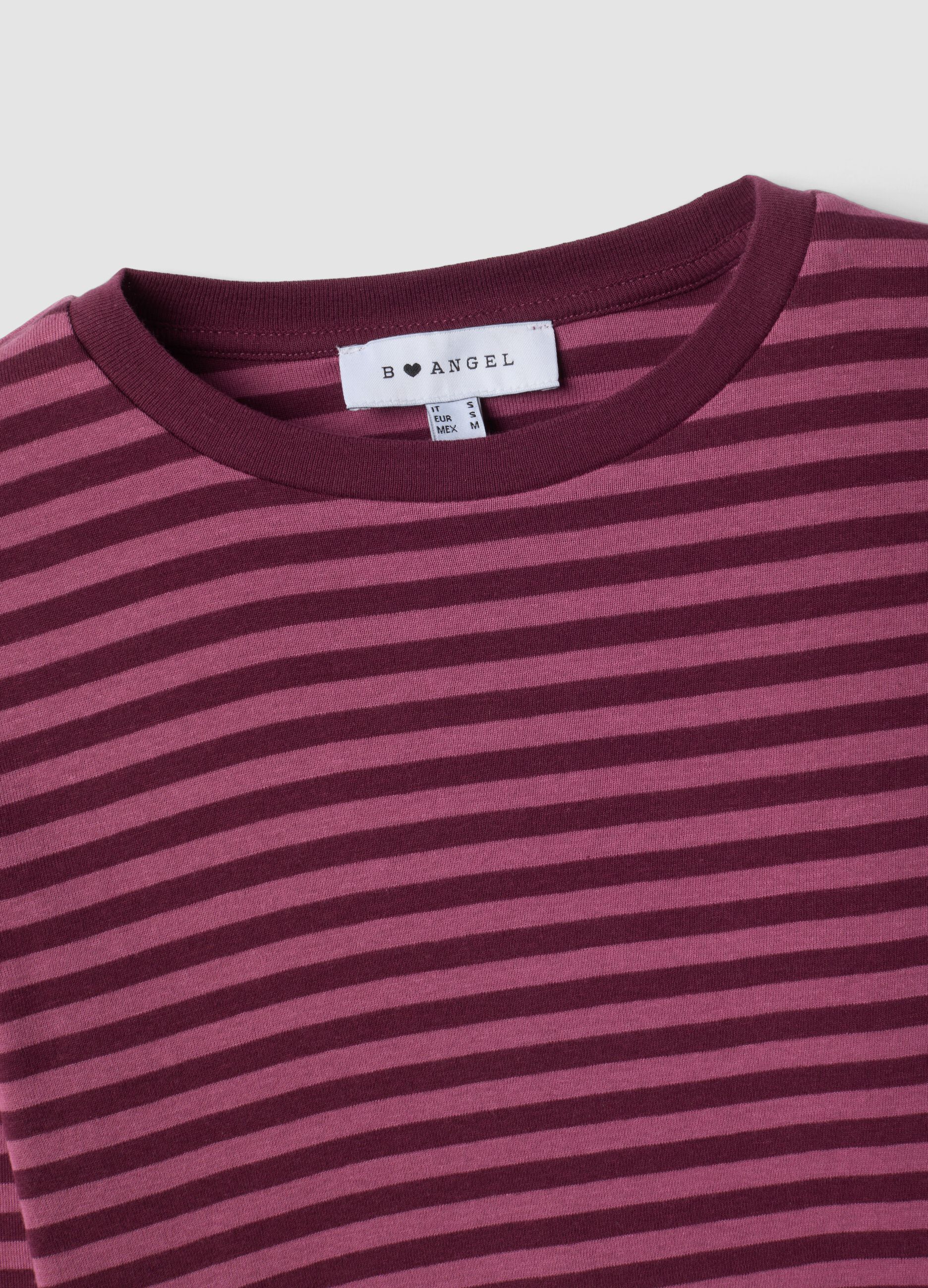 T-shirt viola in puro cotone a righe con girocollo