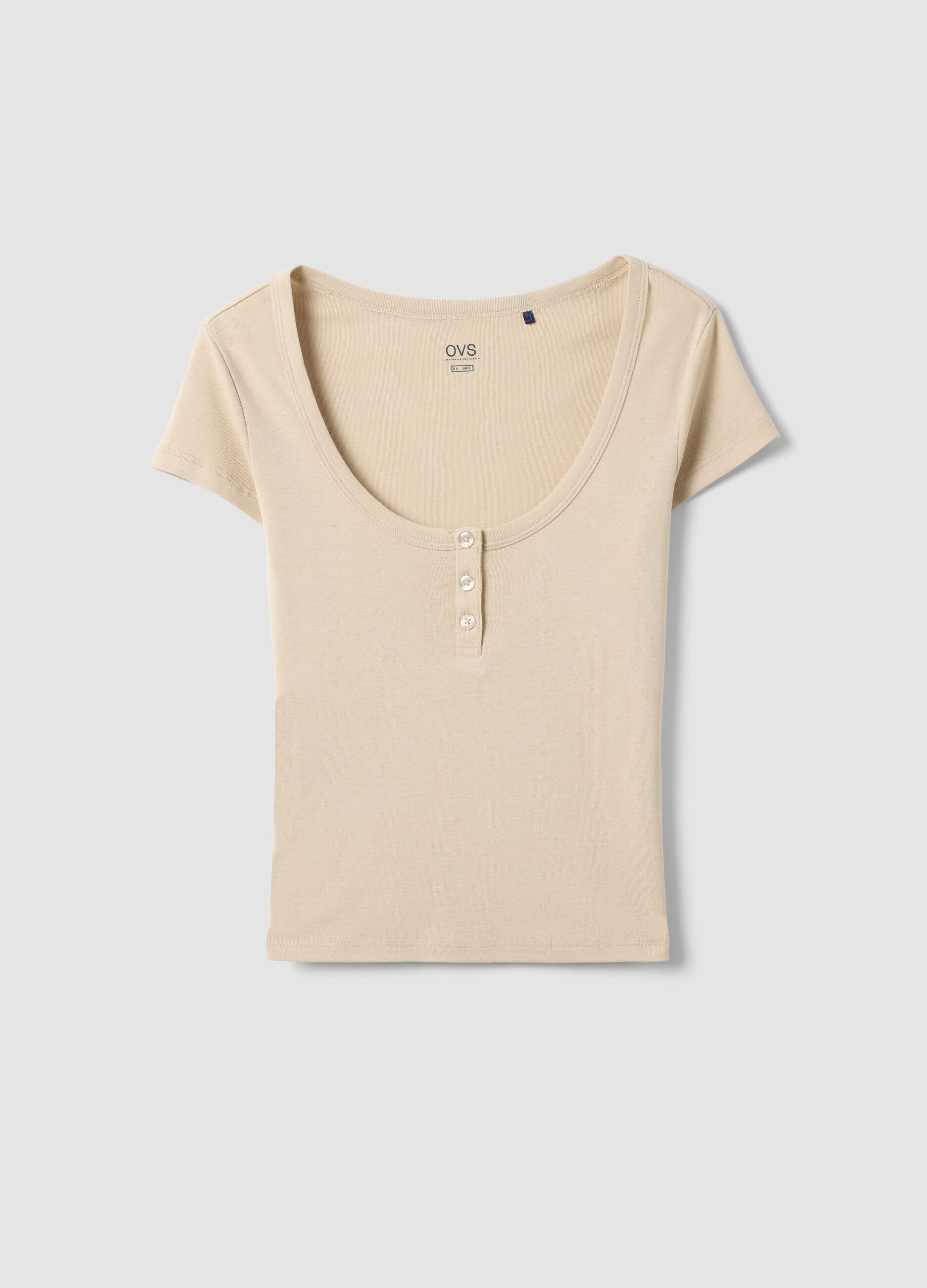 Beige pure cotton T-shirt regular fit with deep Henley neckline