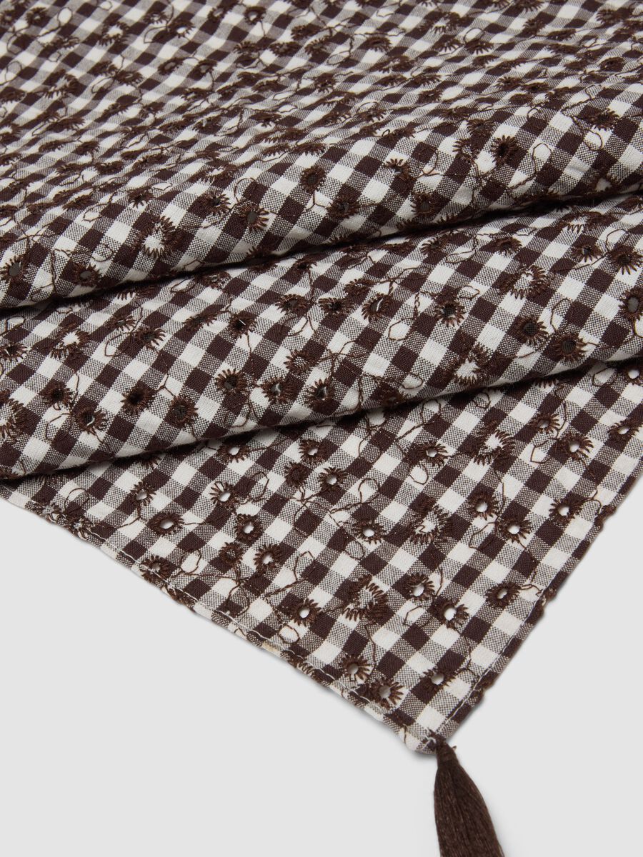 Brown cotton and viscose blend scarf with check pattern_2