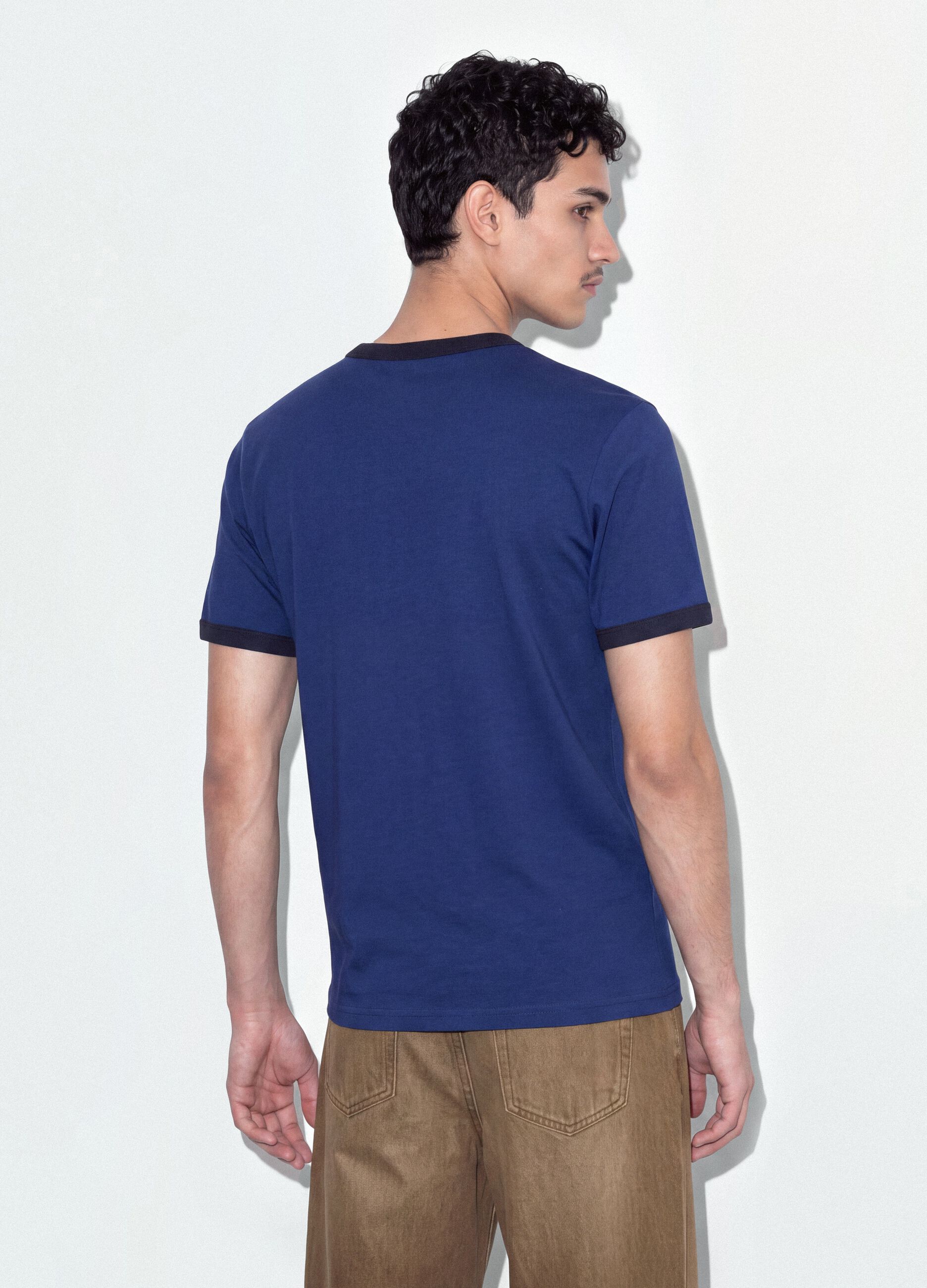 Blue fitted pure cotton T-shirt with contrast trims