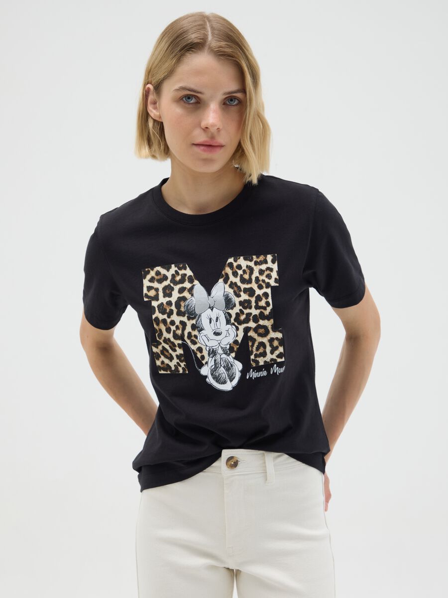 Black pure cotton regular fit t-shirt with Minnie and leopard print_0