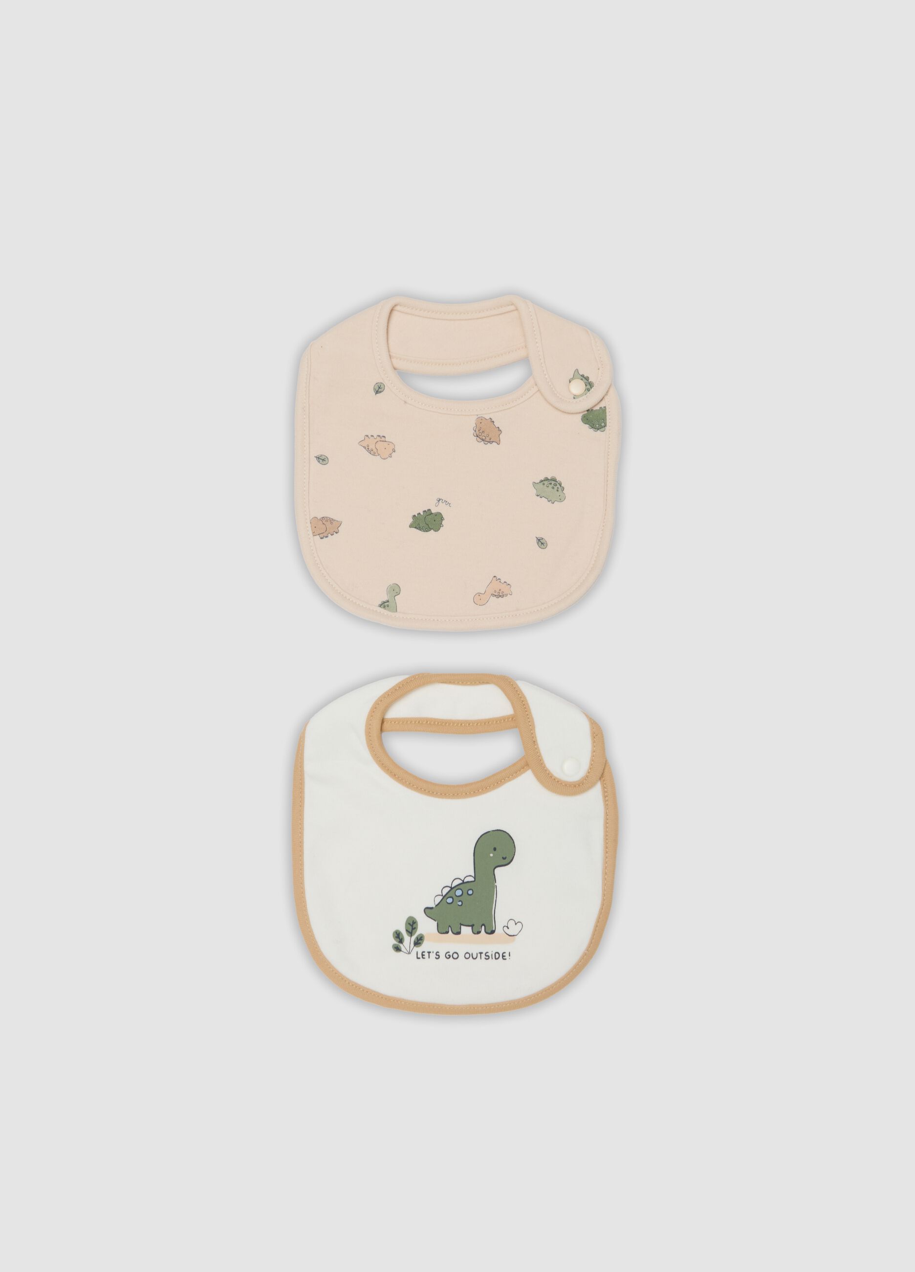 2-pack beige dinosaur print bibs in pure organic cotton