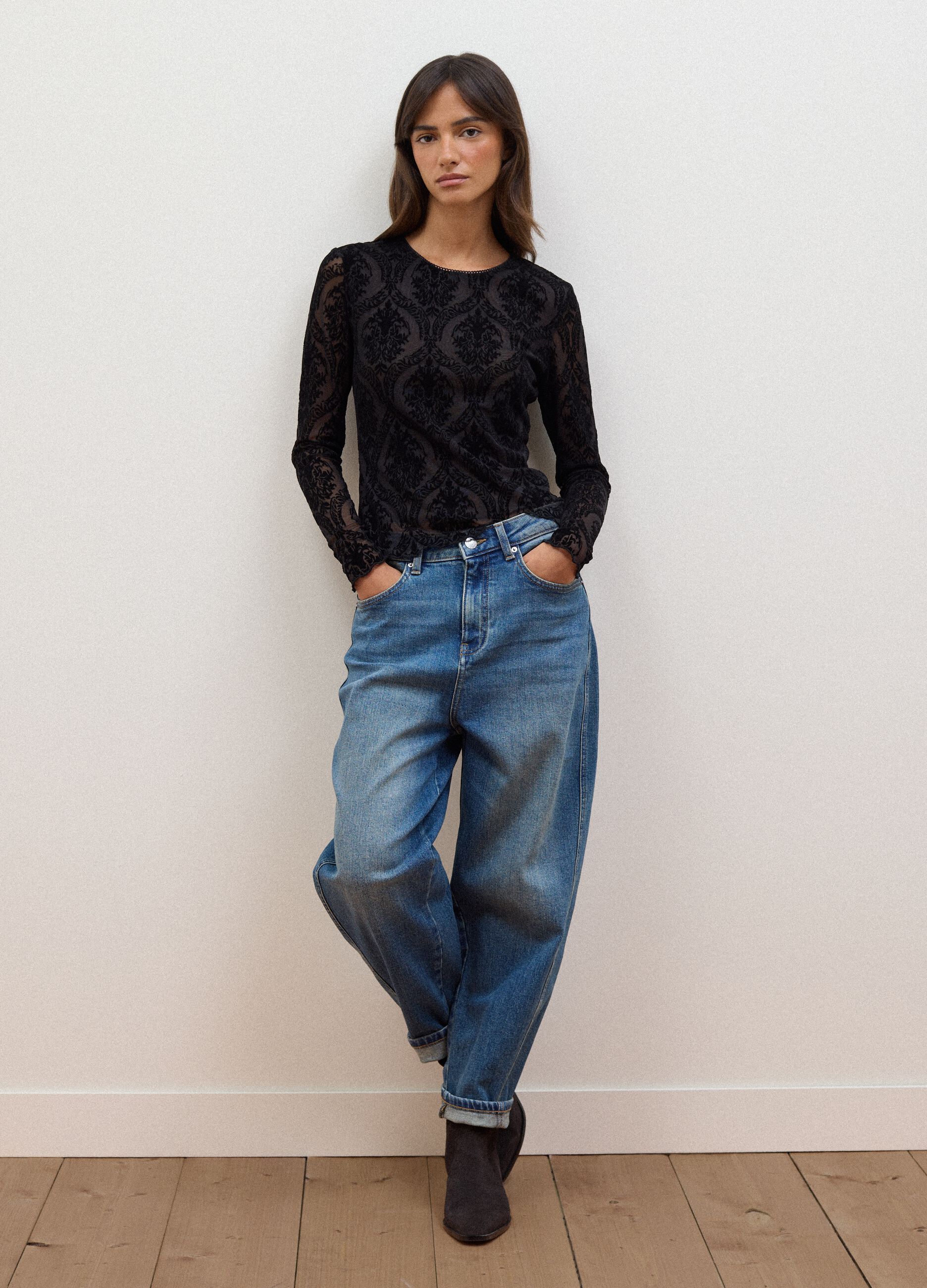 Black regular-fit T-shirt in sheer stretch fabric with pattern