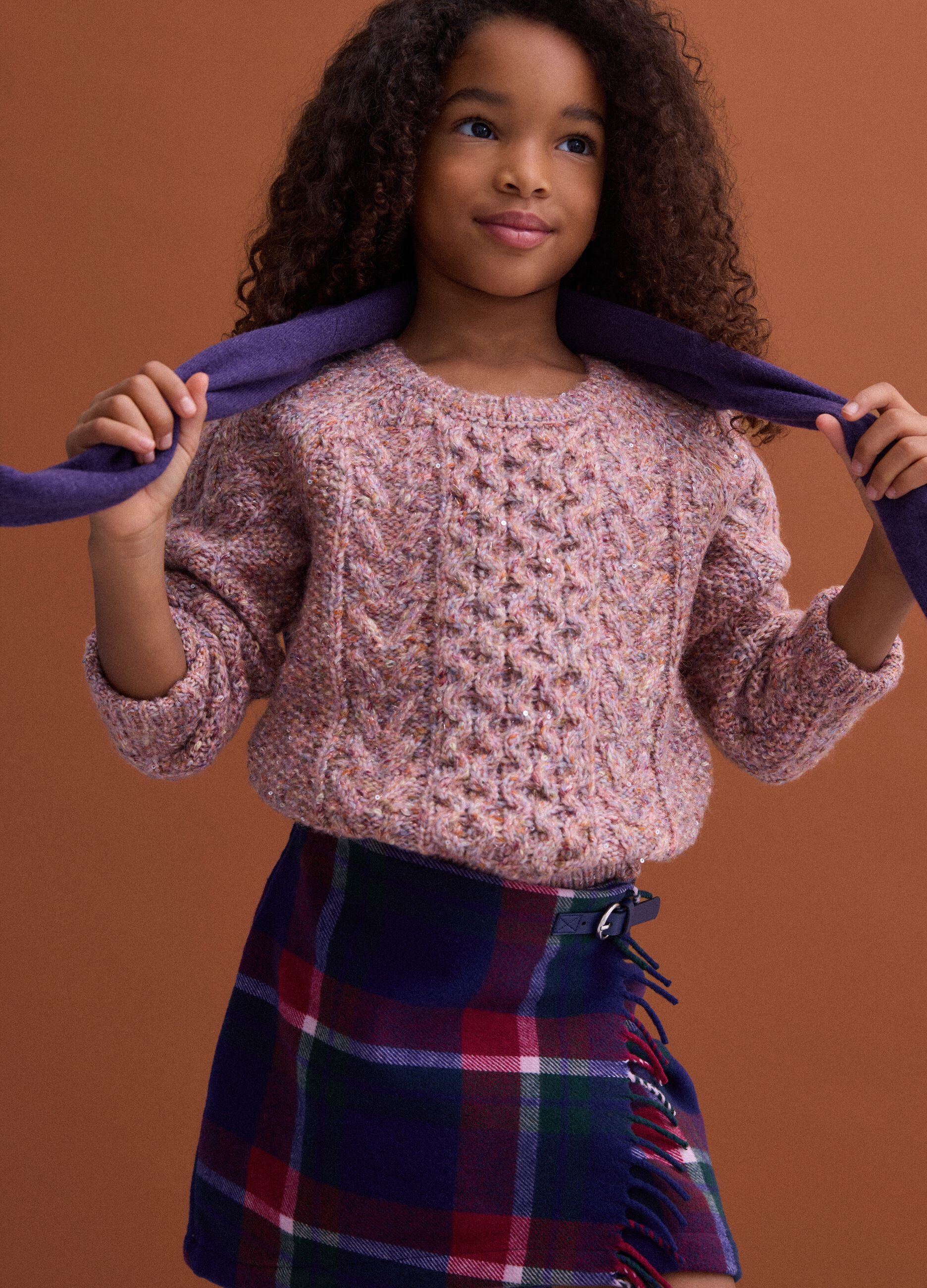 Regular-fit tartan check skirt in a wool and viscose blend