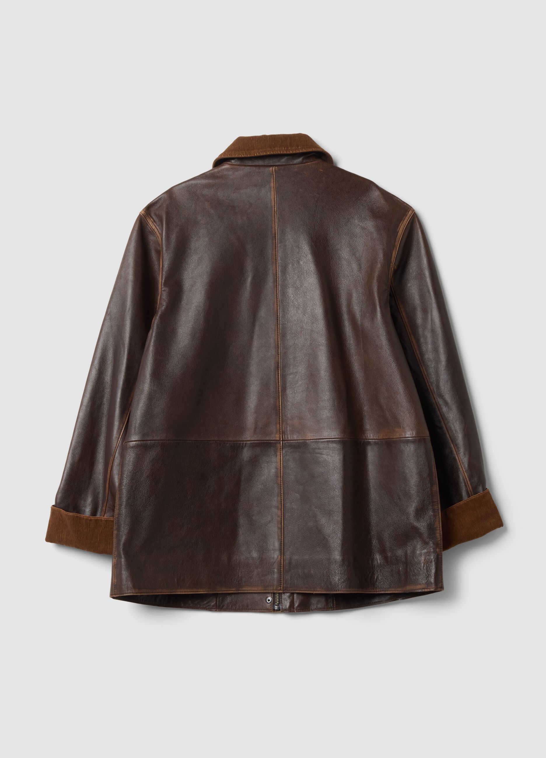 Brown genuine leather jacket with corduroy collar, regular fit