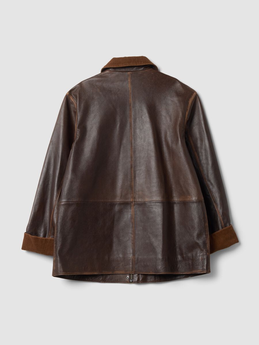 Brown genuine leather jacket with corduroy collar, regular fit_2