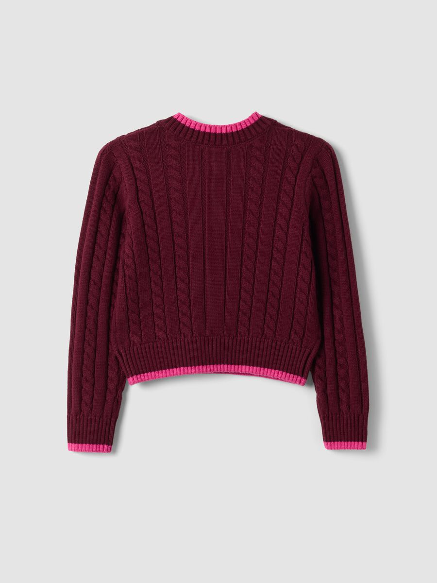 Red pure cotton cable-knit V-neck jumper for girls_4