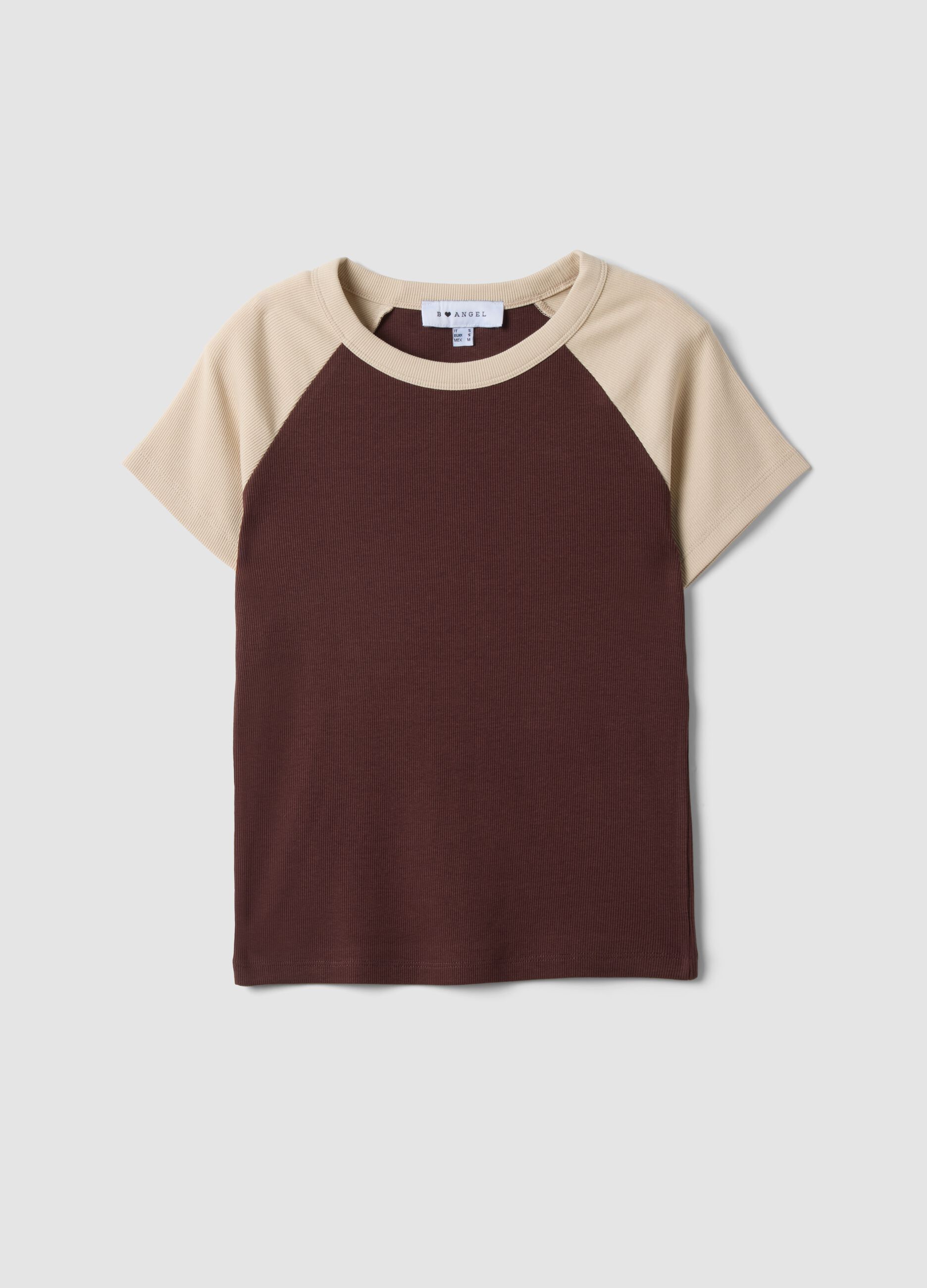 Brown stretch cotton crew-neck T-shirt with contrasting sleeves