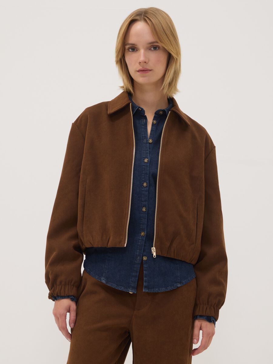 Brown stretch-fabric blazer with zip, oversized fit_0