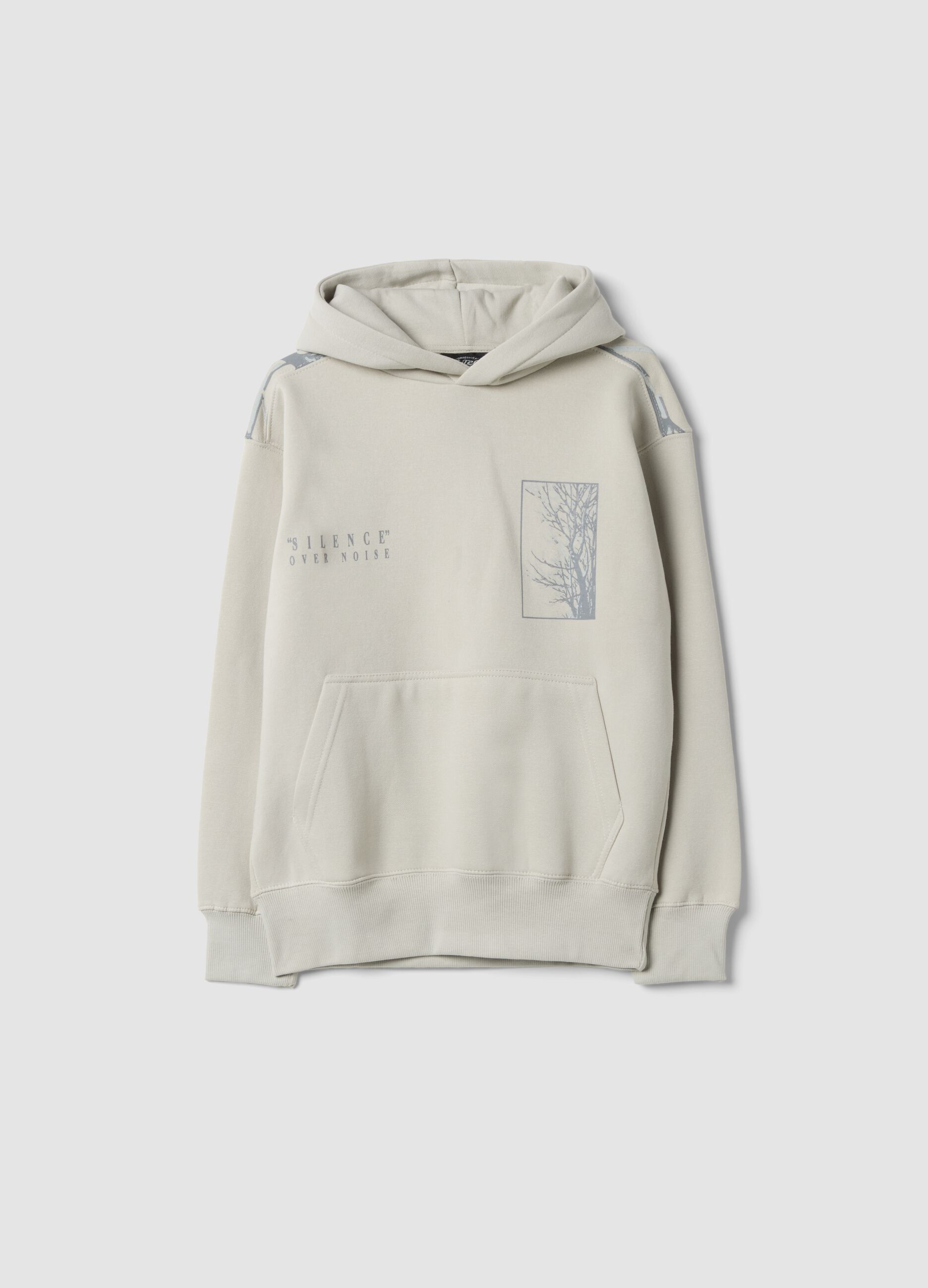 Light grey cotton-blend hoodie with botanical print