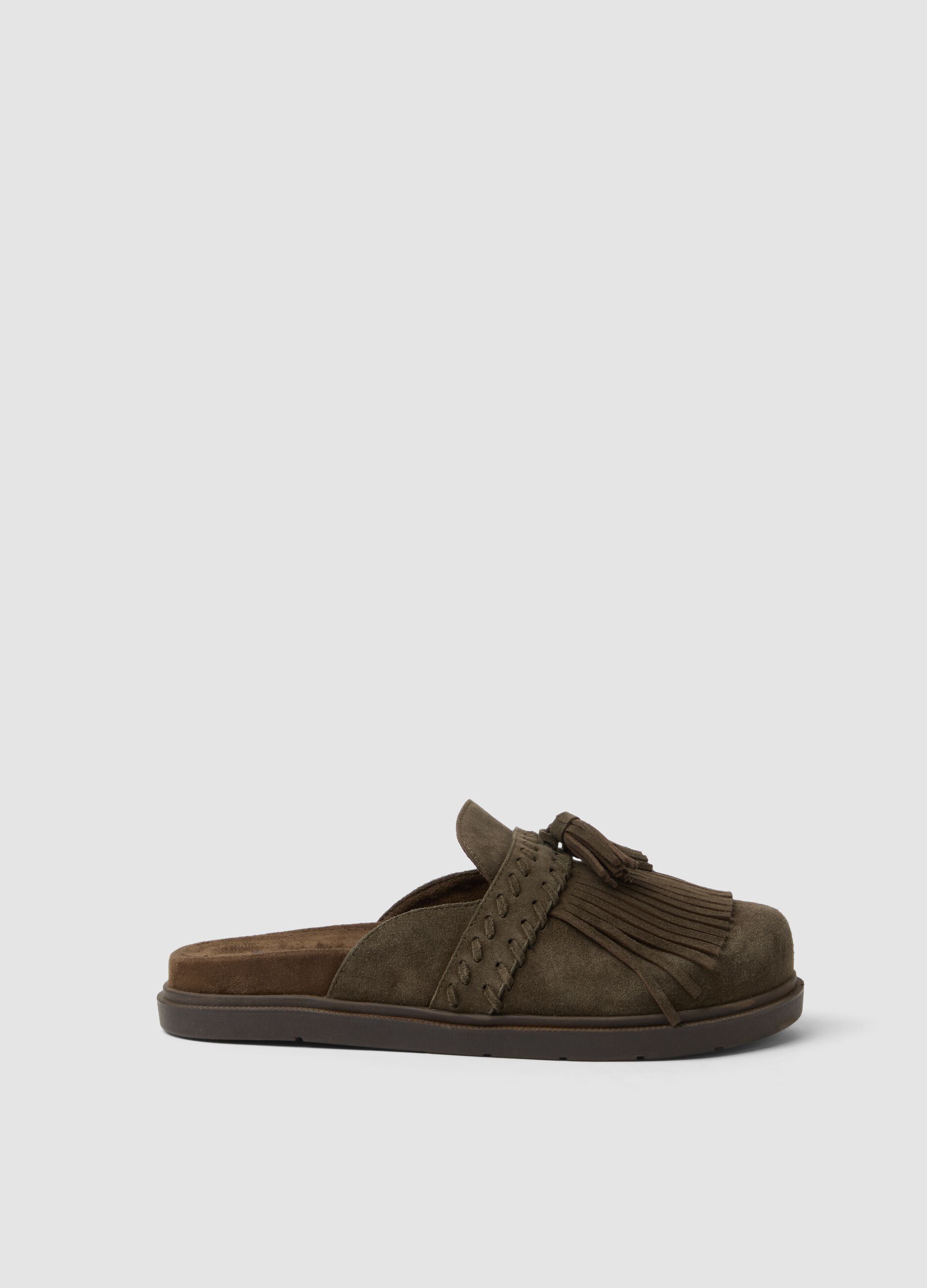 Brown genuine leather loafers with fringe