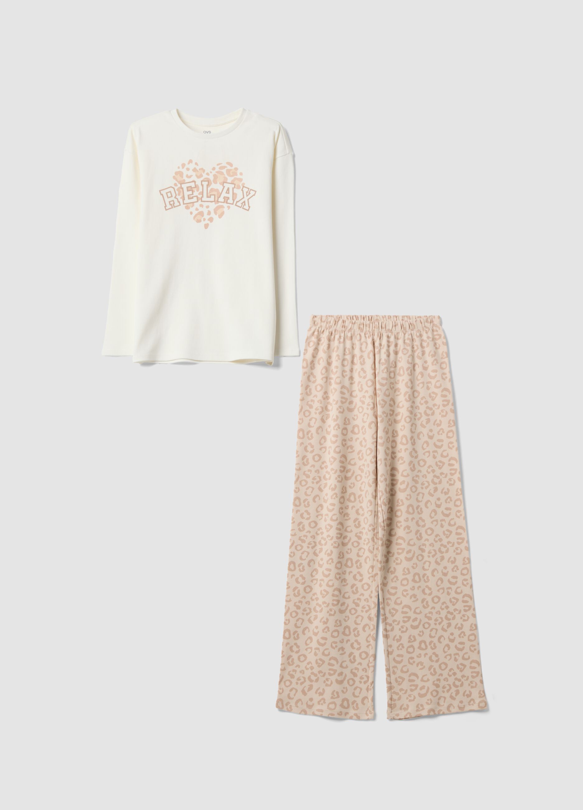 White and beige pure organic cotton printed pyjamas for girls